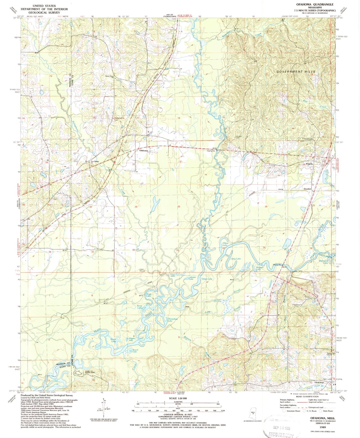 Classic USGS Ofahoma Mississippi 7.5'x7.5' Topo Map Image