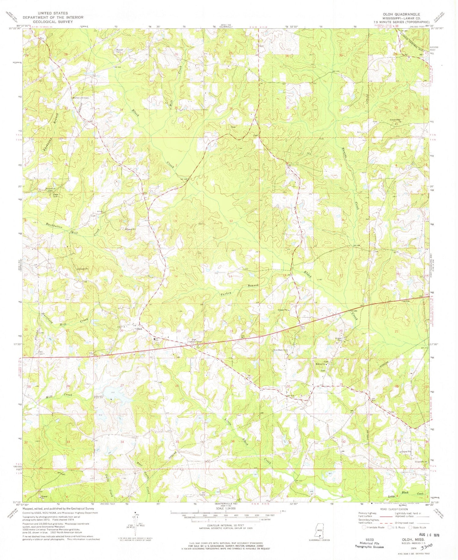 Classic USGS Oloh Mississippi 7.5'x7.5' Topo Map Image