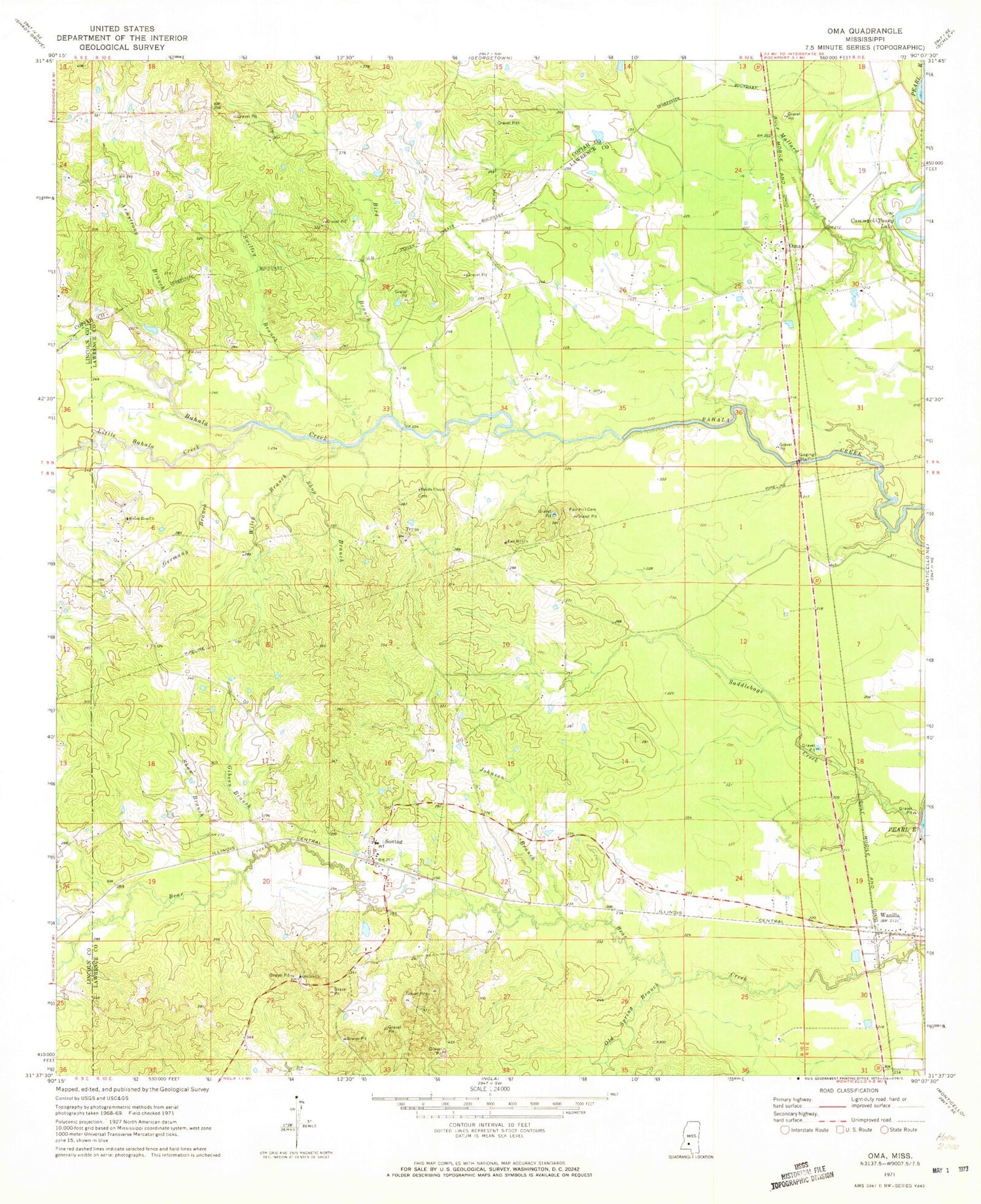 Classic USGS Oma Mississippi 7.5'x7.5' Topo Map Image