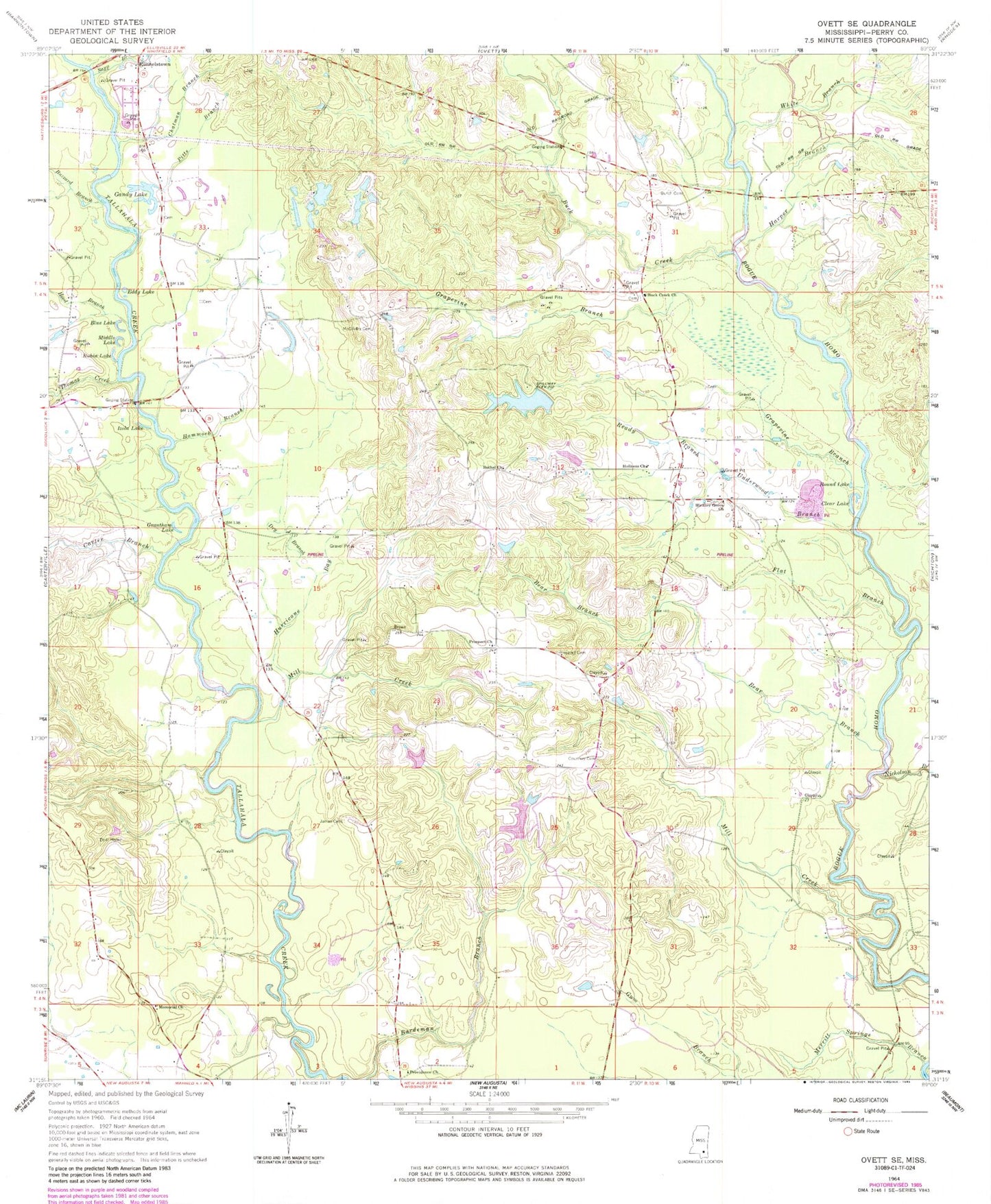 Classic USGS Ovett SE Mississippi 7.5'x7.5' Topo Map Image