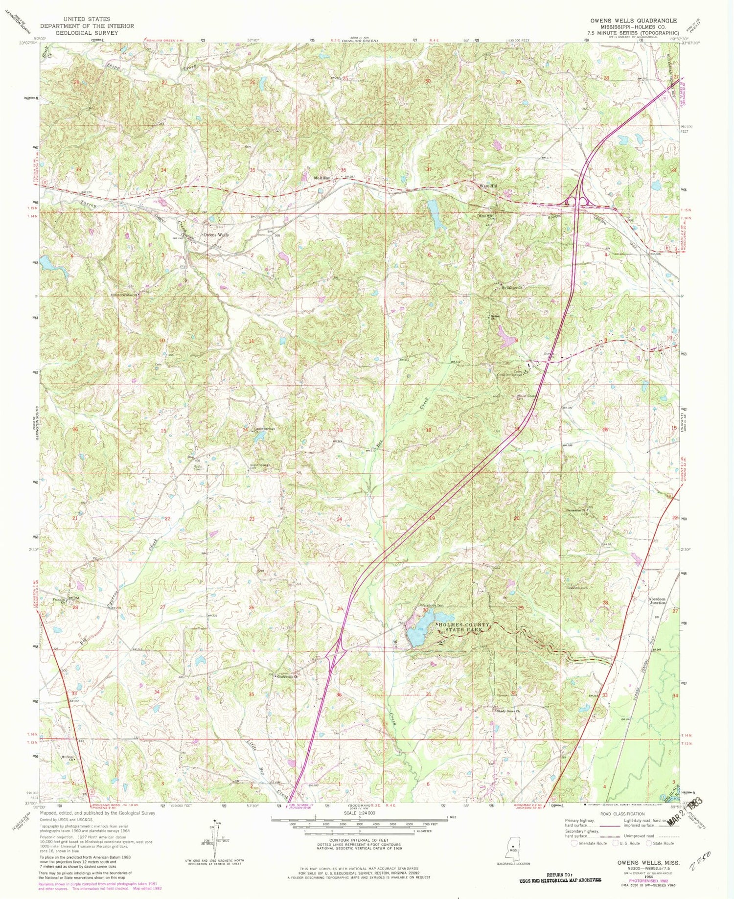 Classic USGS Owens Wells Mississippi 7.5'x7.5' Topo Map Image