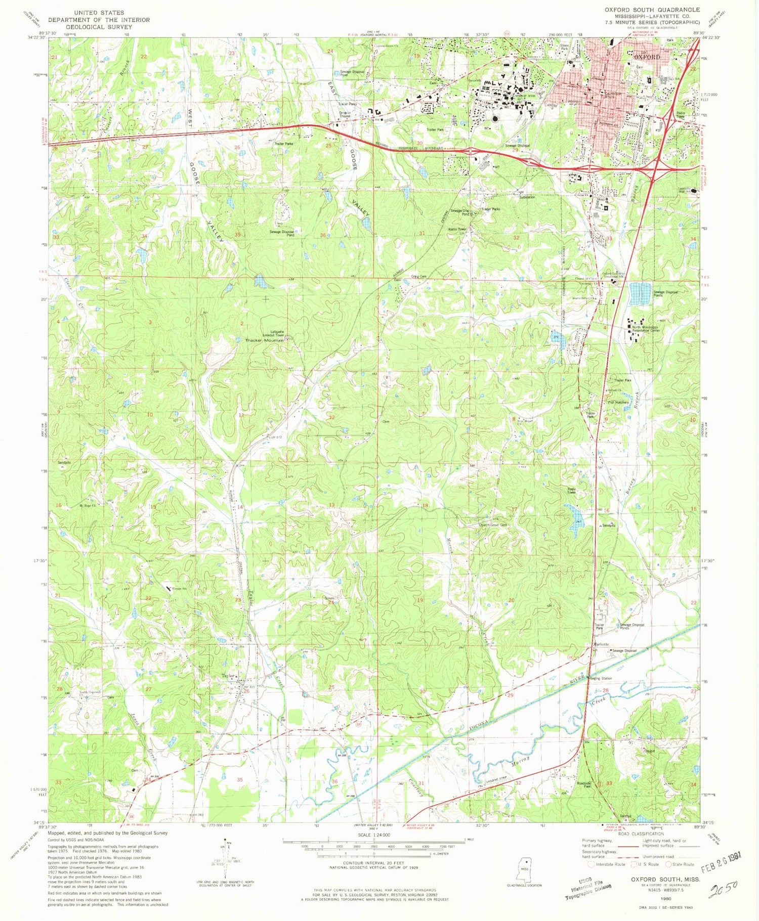 Classic USGS Oxford South Mississippi 7.5'x7.5' Topo Map Image