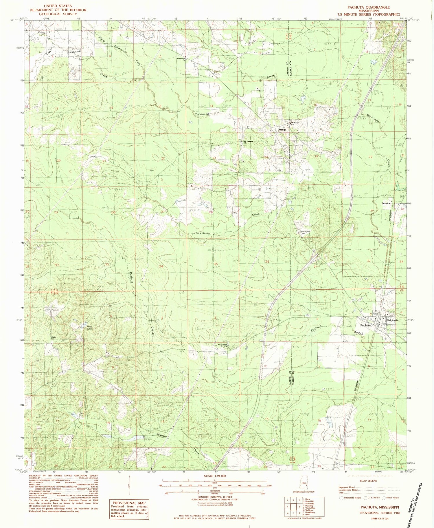 Classic USGS Pachuta Mississippi 7.5'x7.5' Topo Map Image