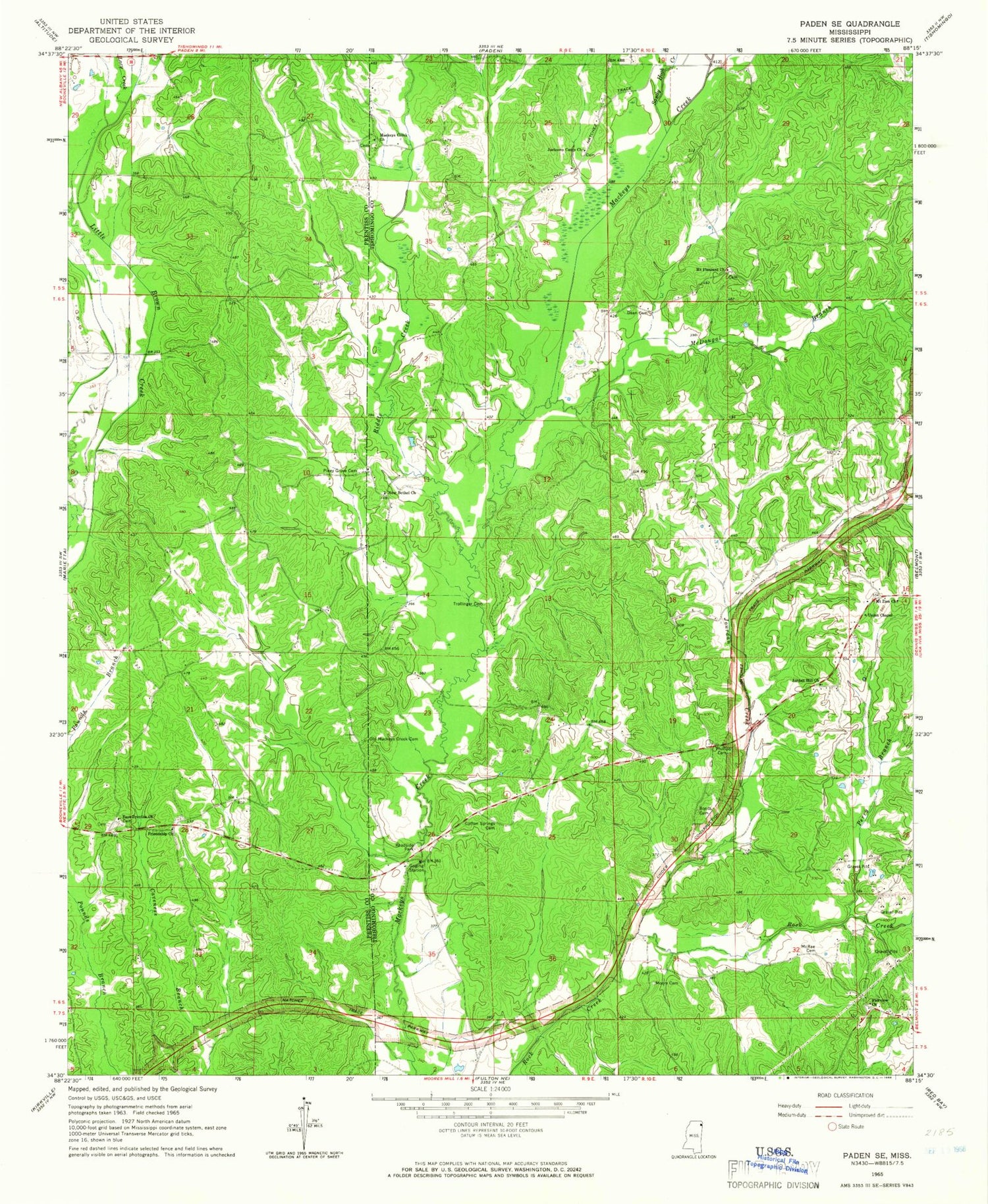 Classic USGS Paden SE Mississippi 7.5'x7.5' Topo Map Image