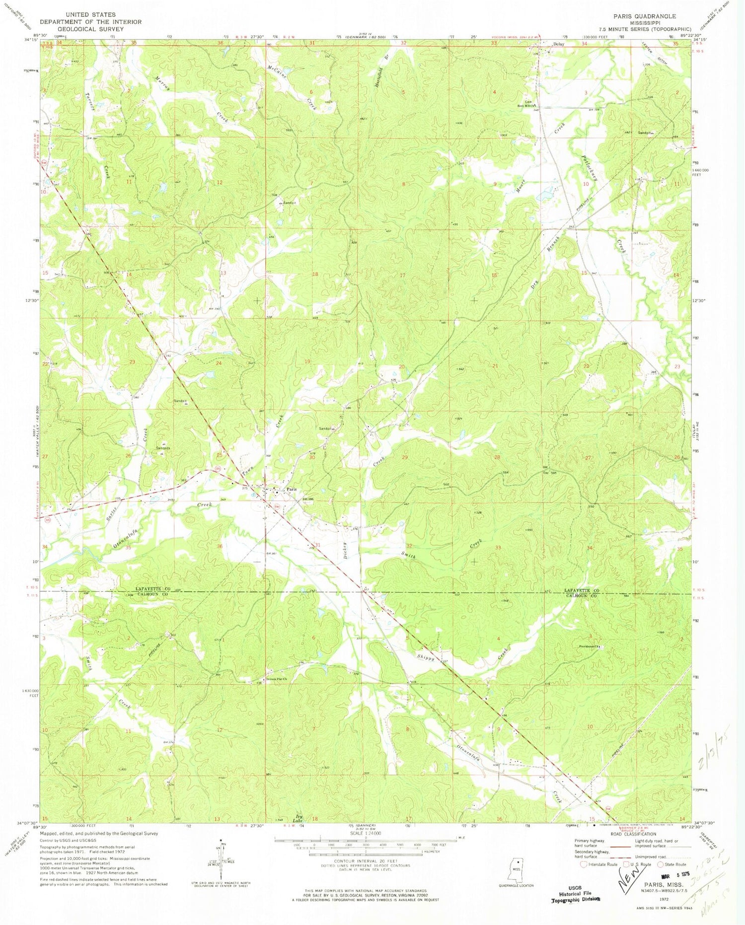 Classic USGS Paris Mississippi 7.5'x7.5' Topo Map Image