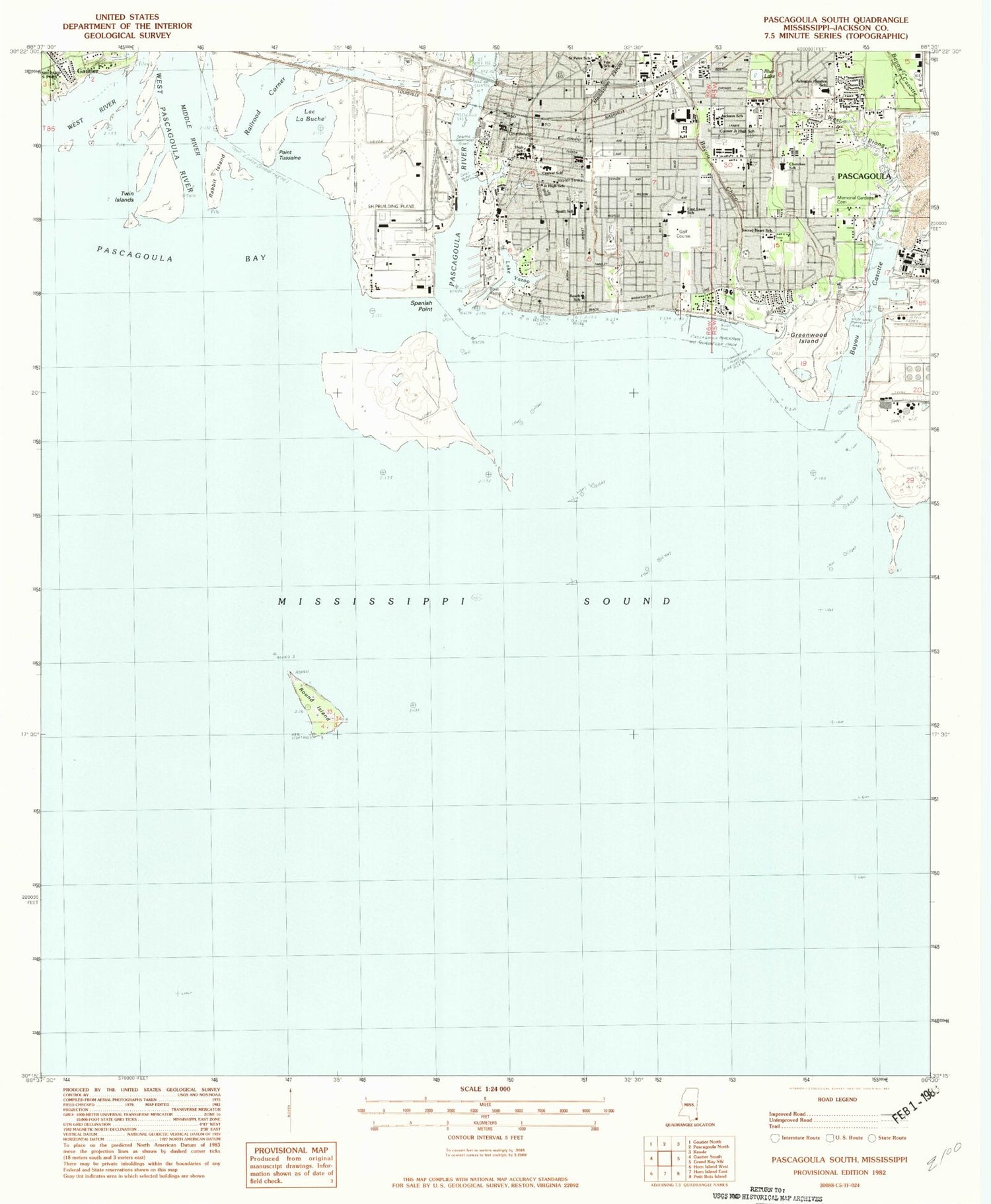 Classic USGS Pascagoula South Mississippi 7.5'x7.5' Topo Map Image