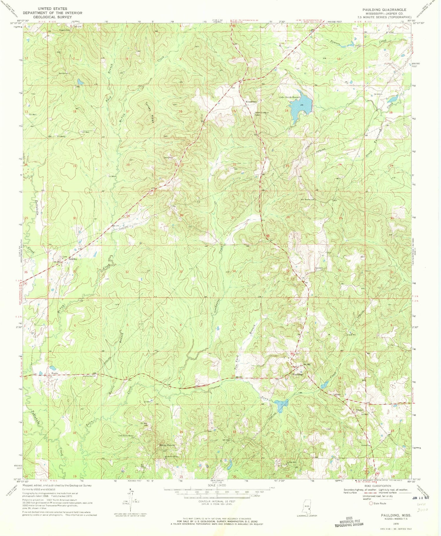 Classic USGS Paulding Mississippi 7.5'x7.5' Topo Map Image