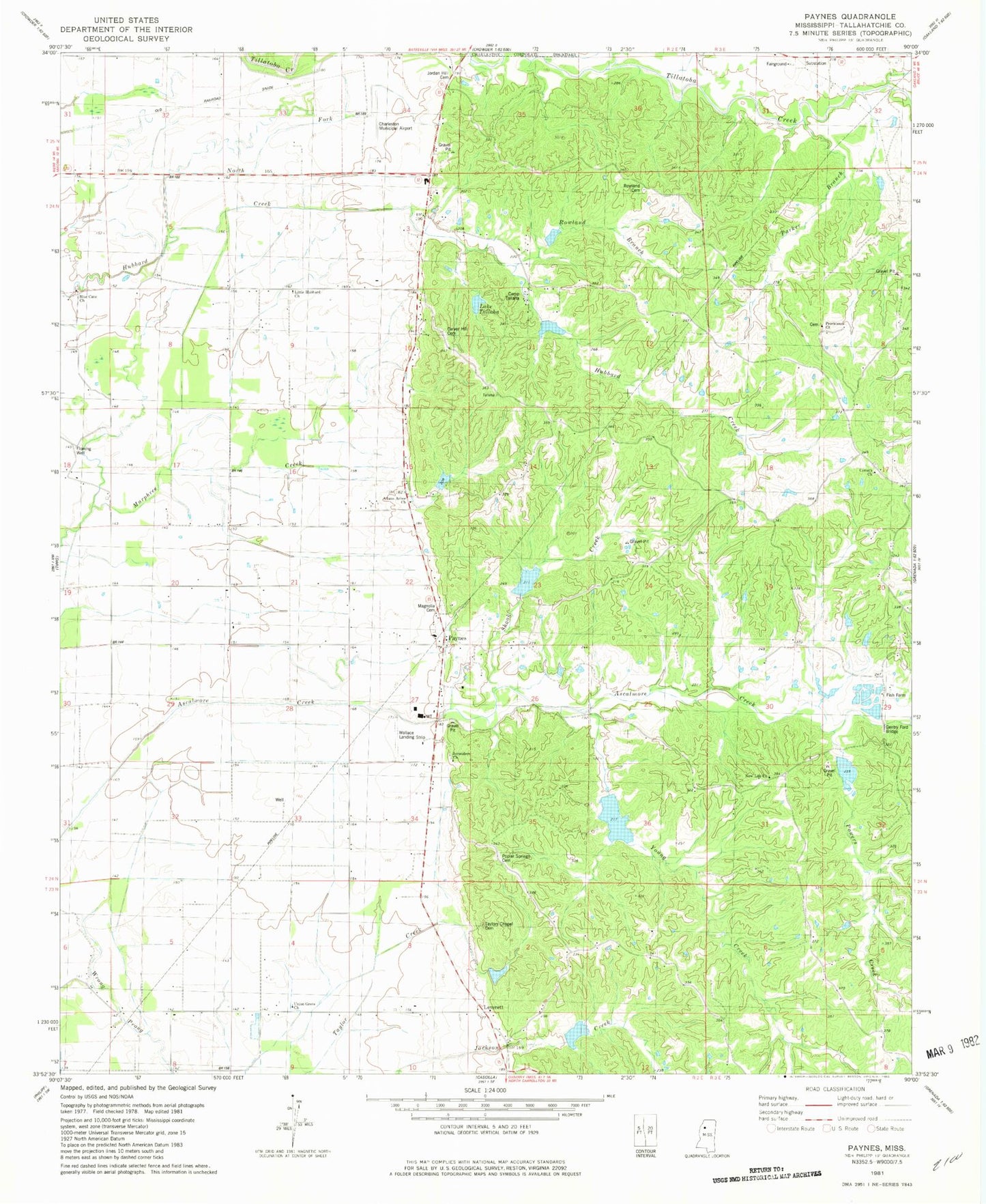 Classic USGS Paynes Mississippi 7.5'x7.5' Topo Map Image