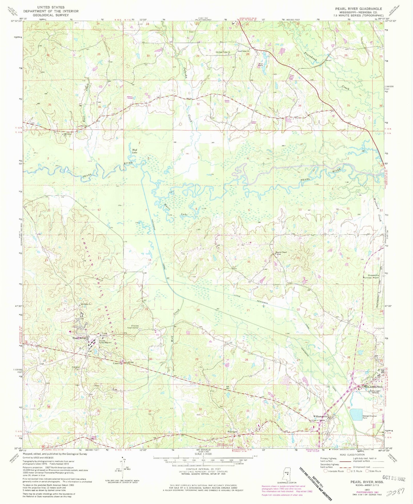 Classic USGS Pearl River Mississippi 7.5'x7.5' Topo Map Image