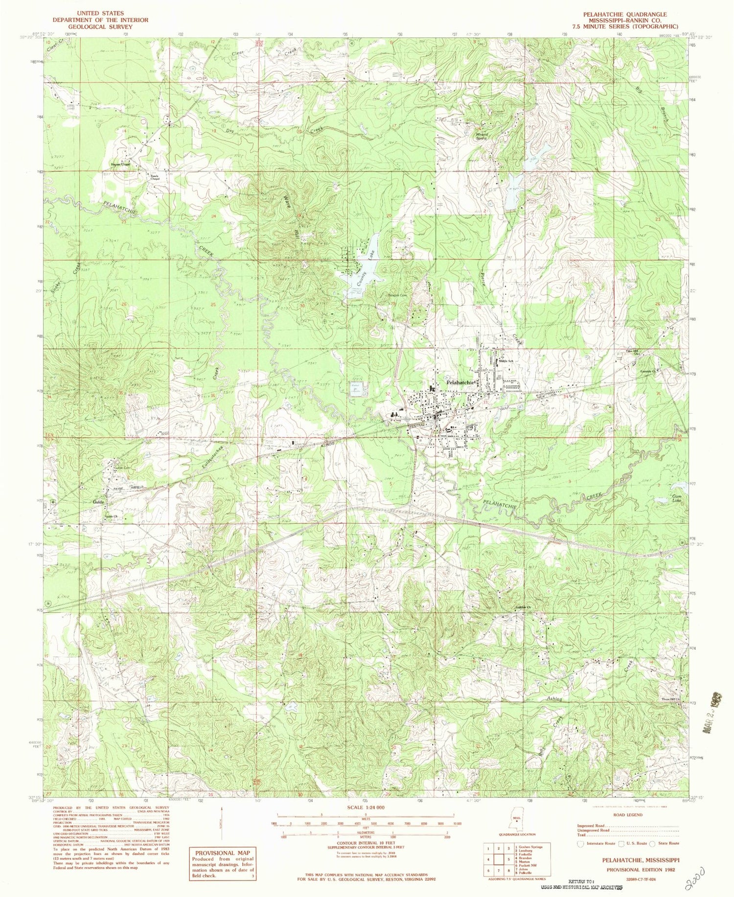 Classic USGS Pelahatchie Mississippi 7.5'x7.5' Topo Map Image