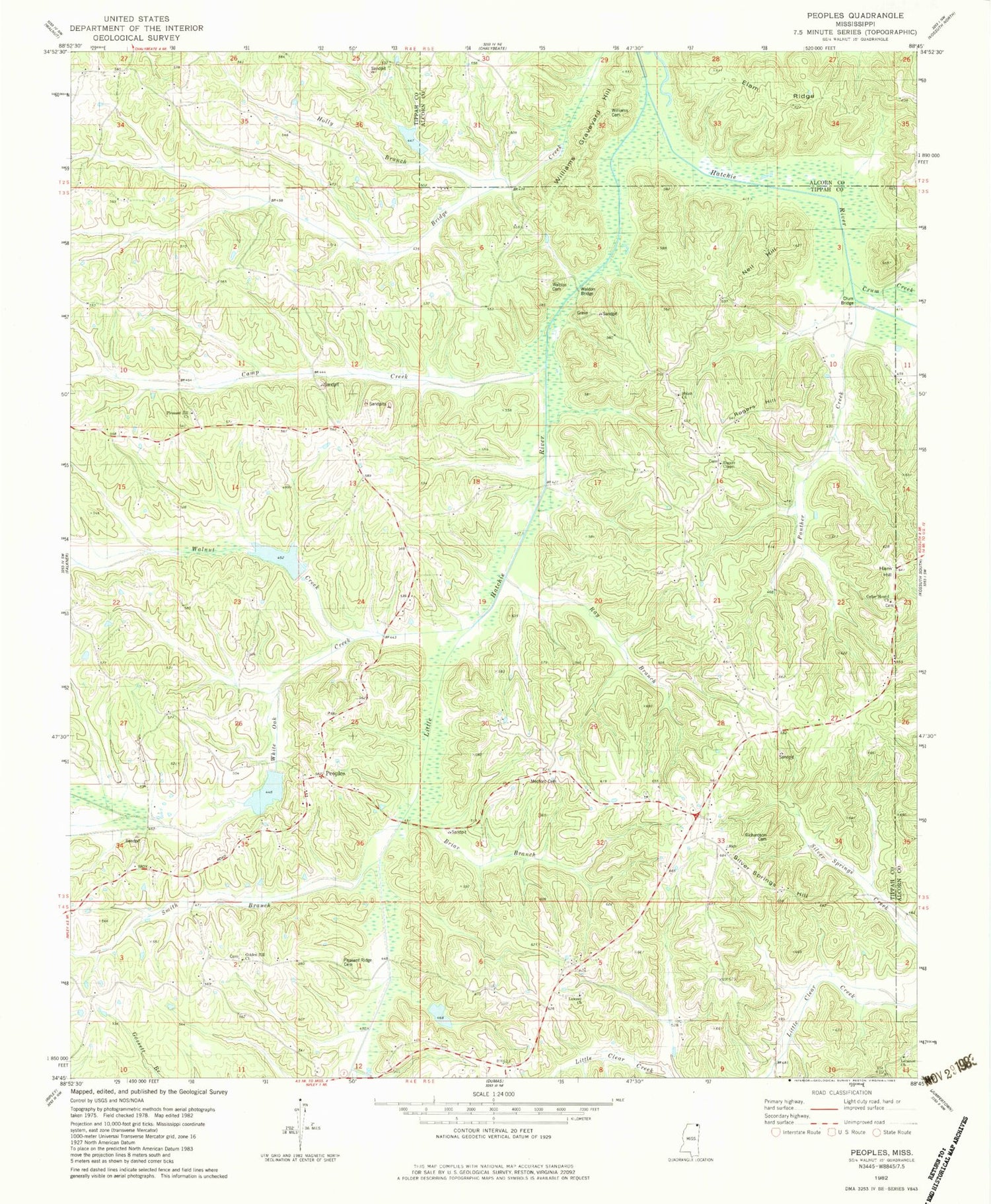 Classic USGS Peoples Mississippi 7.5'x7.5' Topo Map Image