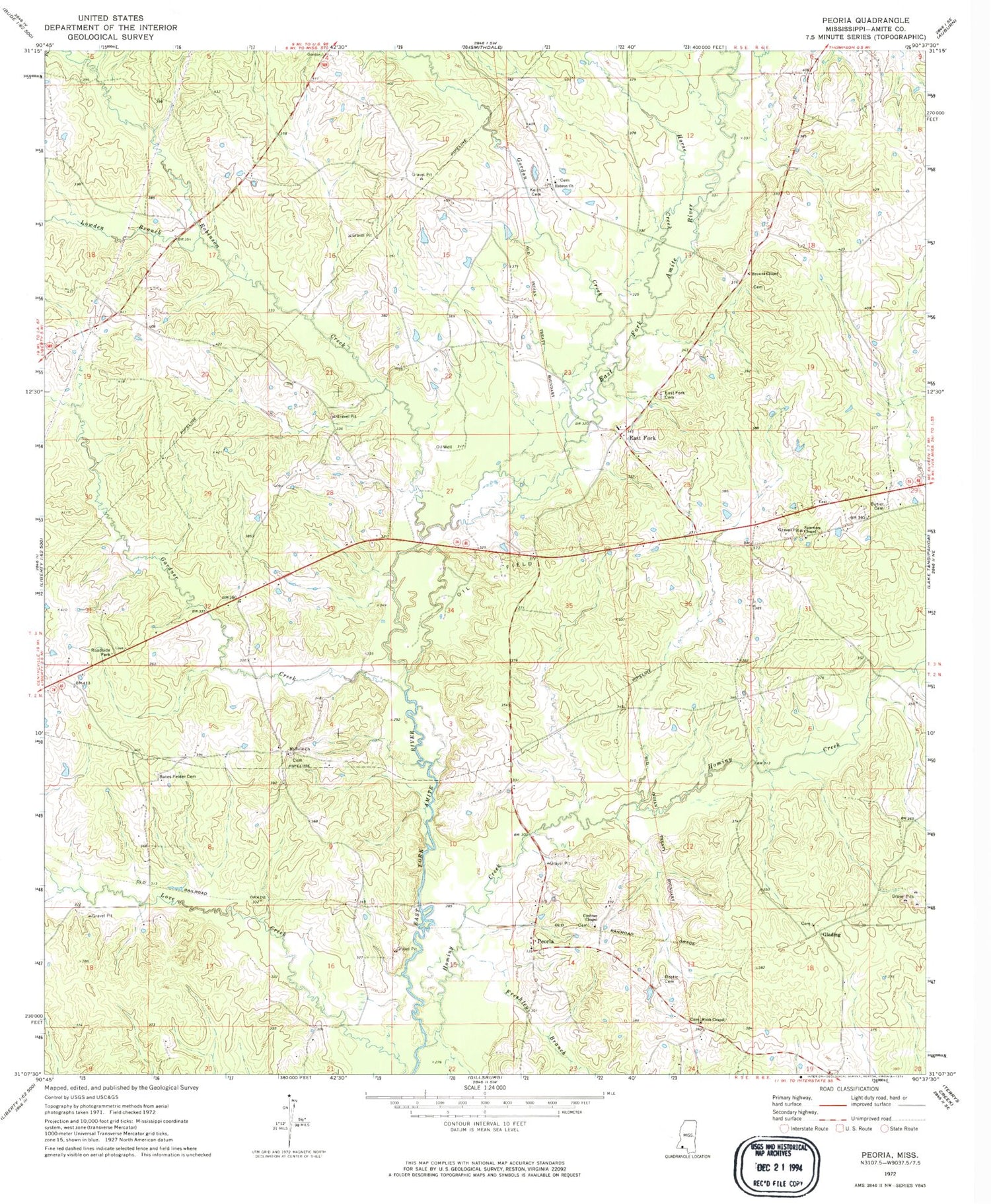 Classic USGS Peoria Mississippi 7.5'x7.5' Topo Map Image