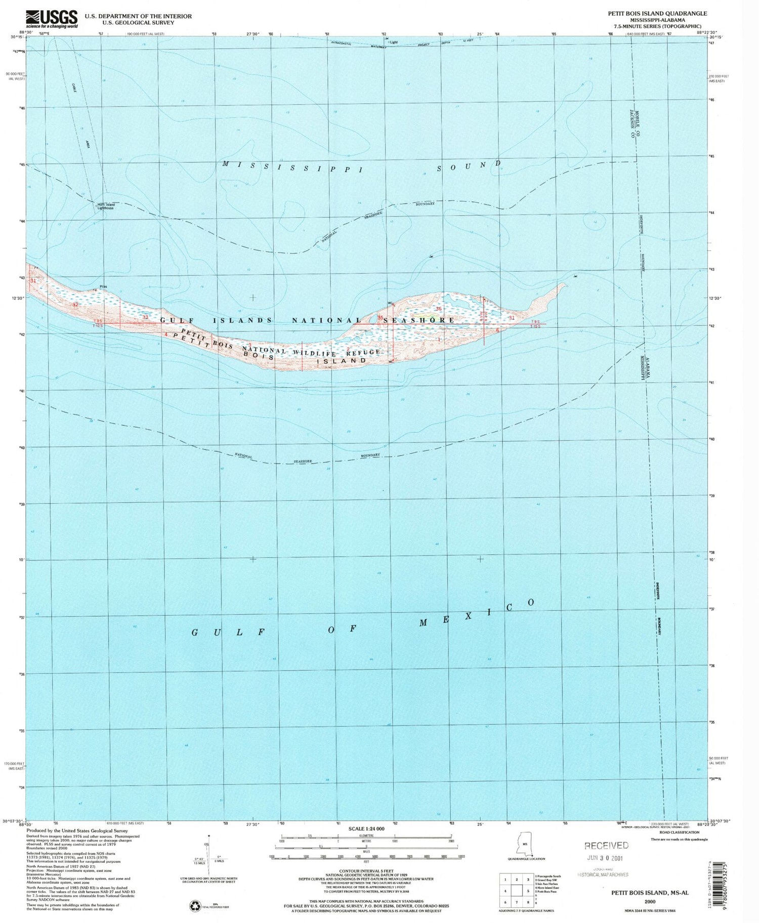 Classic USGS Petit Bois Island Mississippi 7.5'x7.5' Topo Map Image