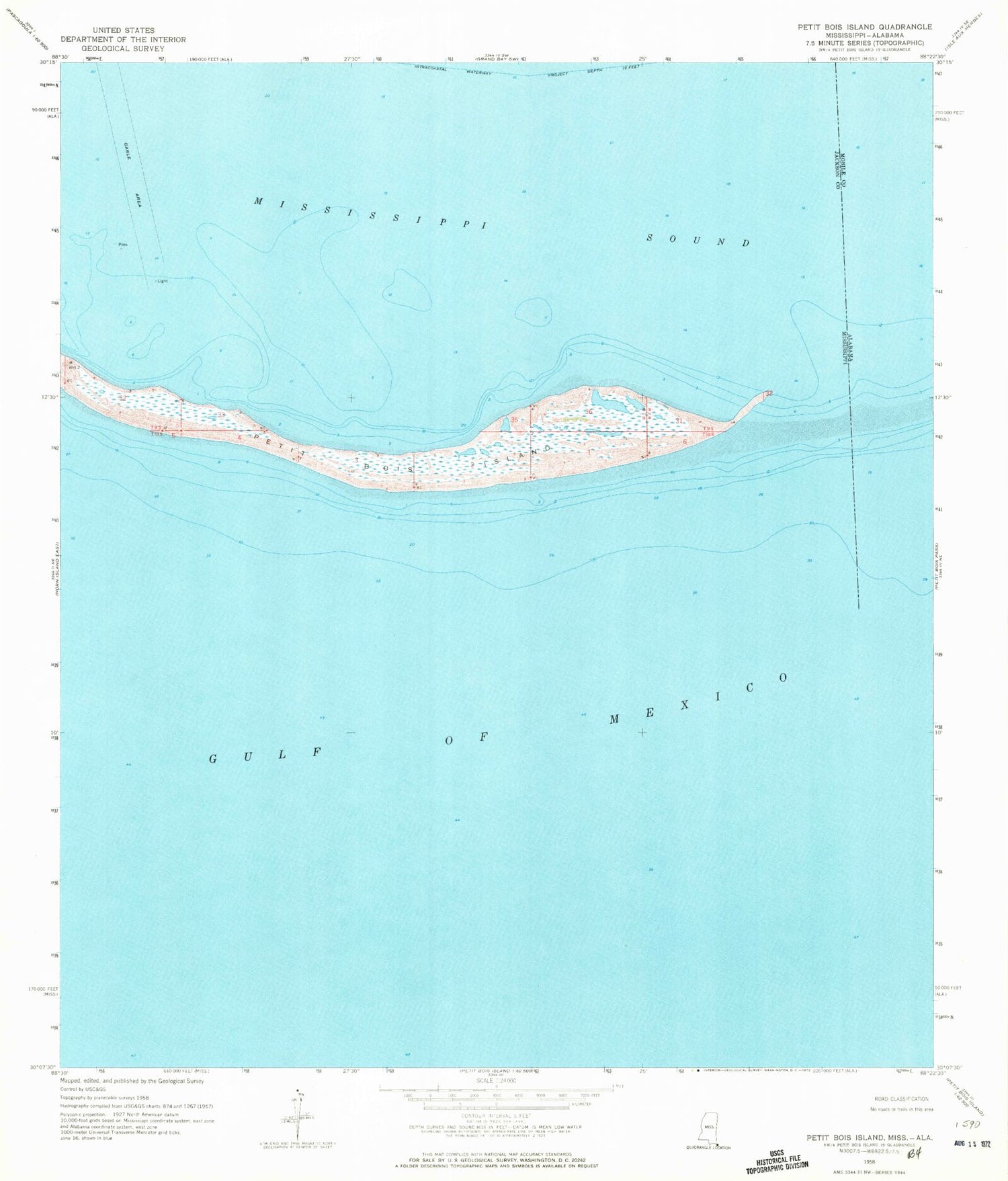 Classic USGS Petit Bois Island Mississippi 7.5'x7.5' Topo Map Image