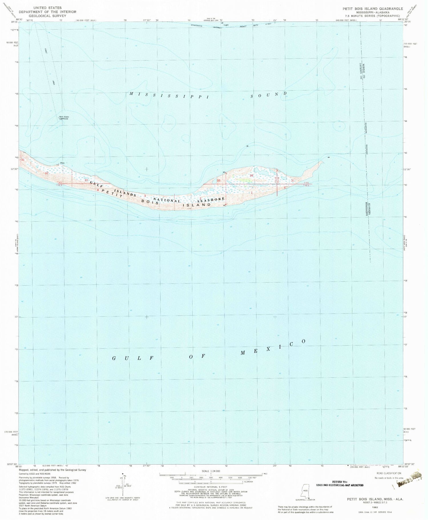 Classic USGS Petit Bois Island Mississippi 7.5'x7.5' Topo Map Image