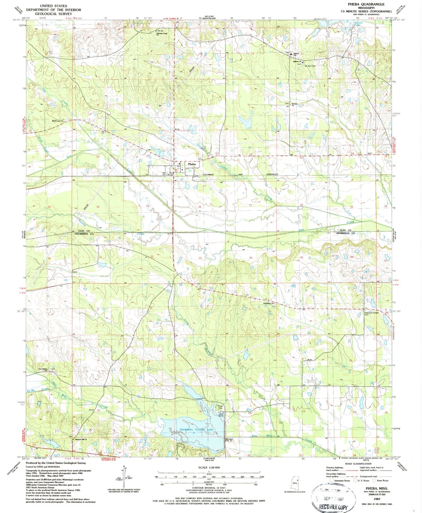 Classic USGS Pheba Mississippi 7.5'x7.5' Topo Map Image