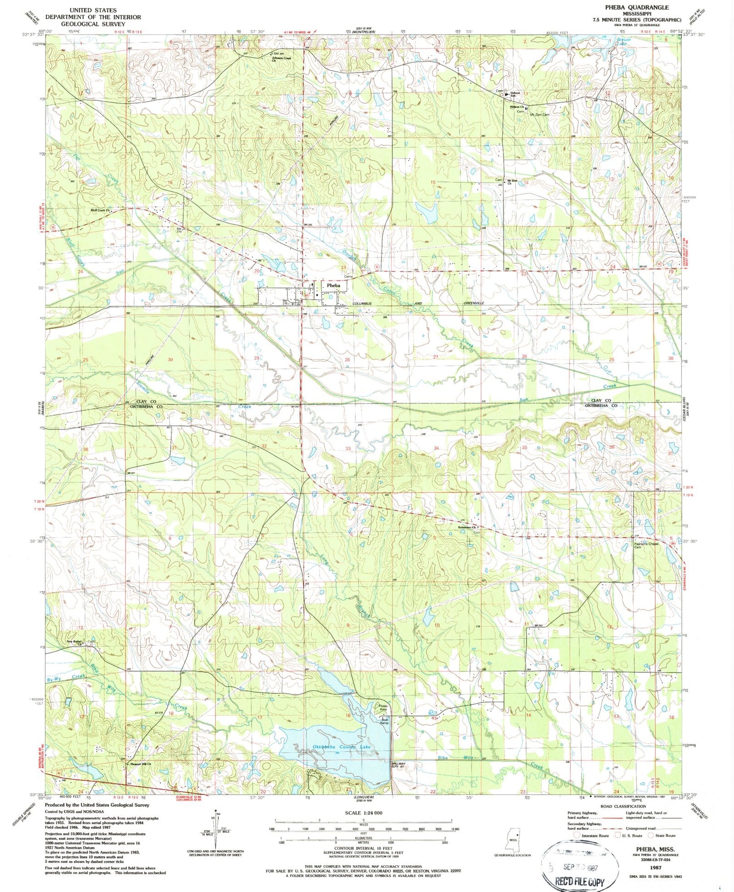 Classic USGS Pheba Mississippi 7.5'x7.5' Topo Map Image