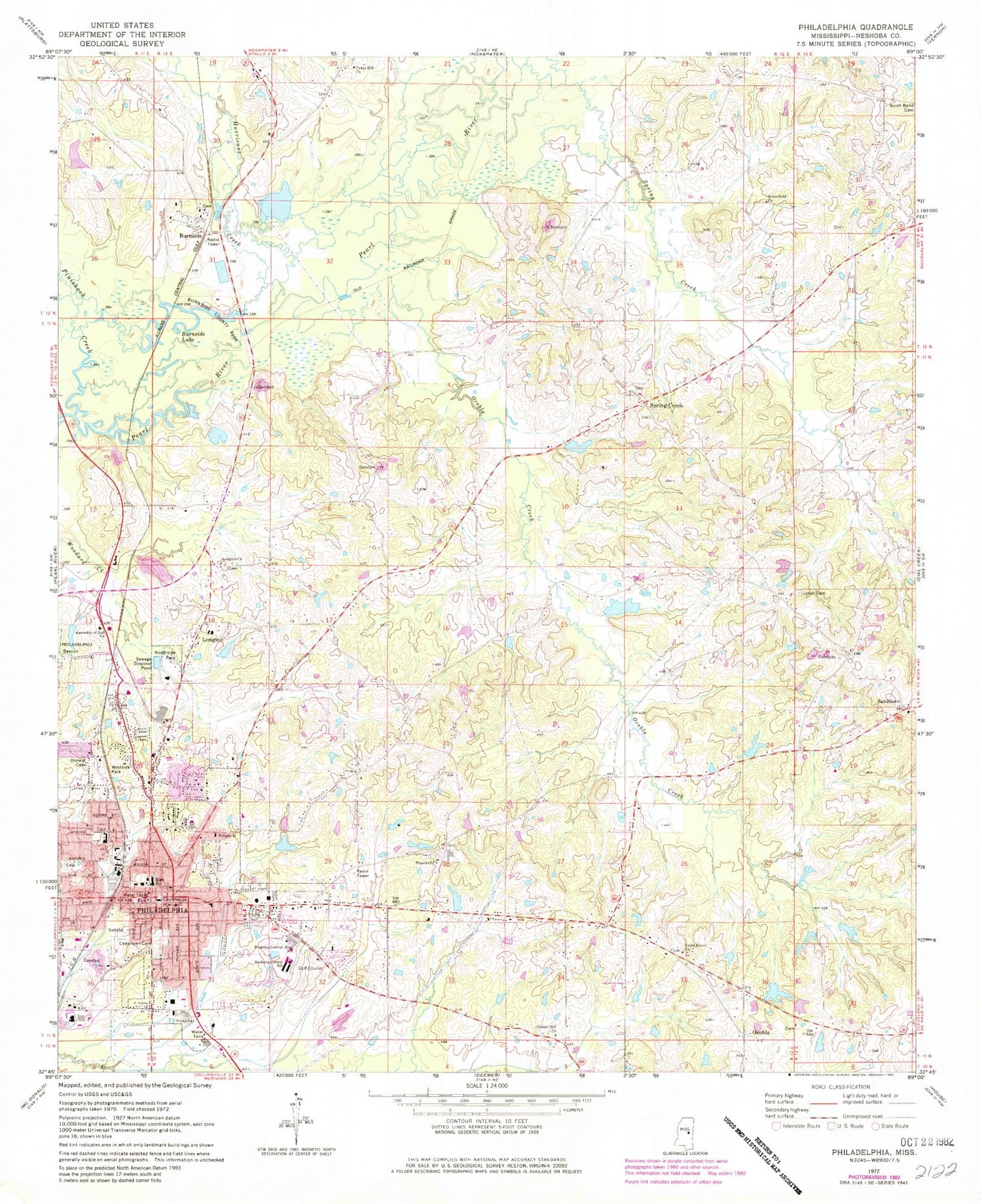 Classic USGS Philadelphia Mississippi 7.5'x7.5' Topo Map Image