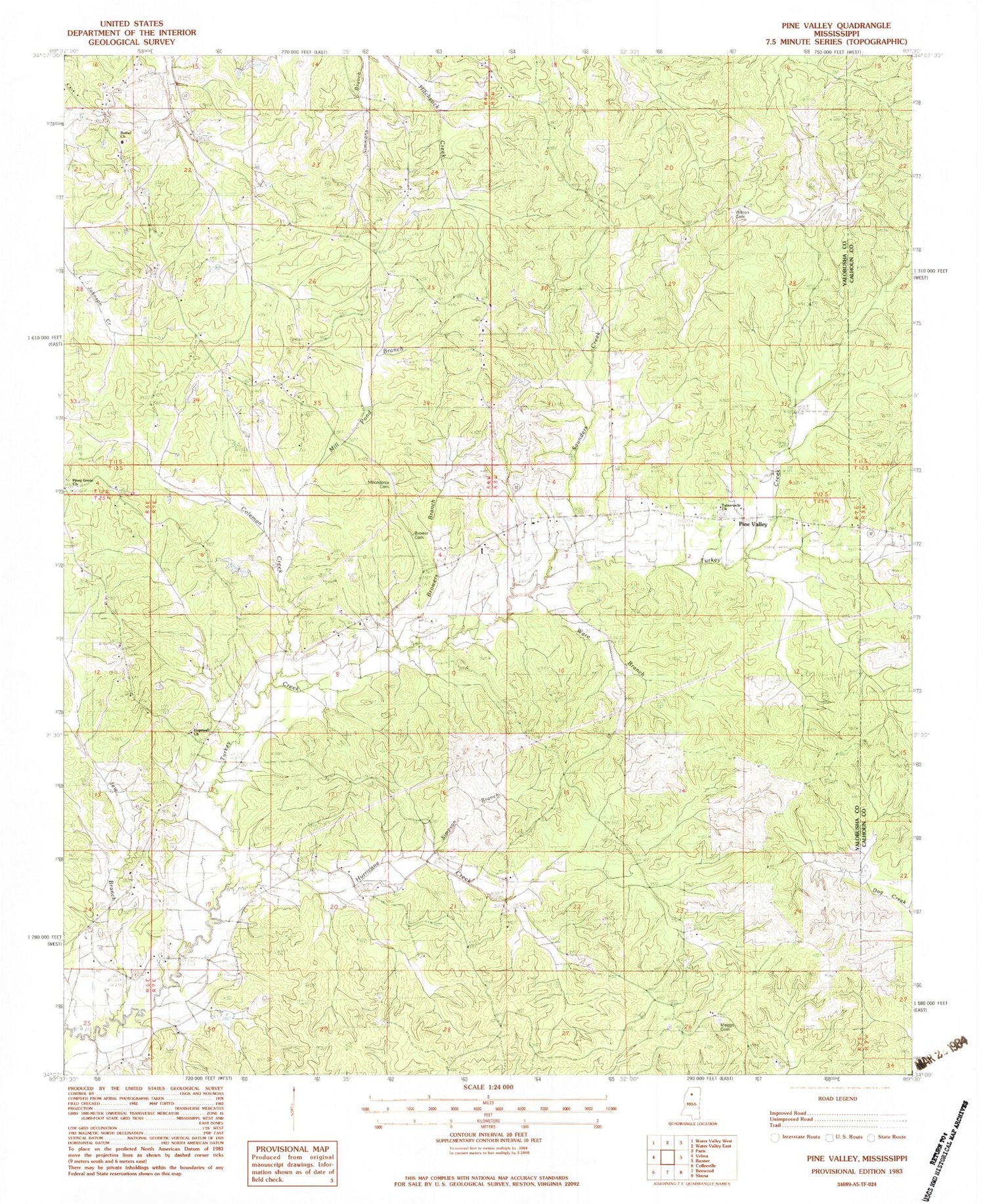 Classic USGS Pine Valley Mississippi 7.5'x7.5' Topo Map Image