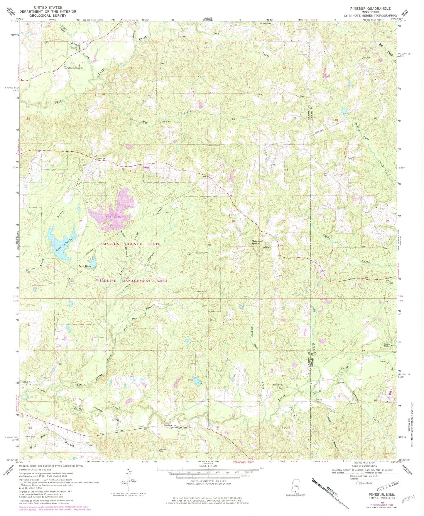 Classic USGS Pinebur Mississippi 7.5'x7.5' Topo Map Image