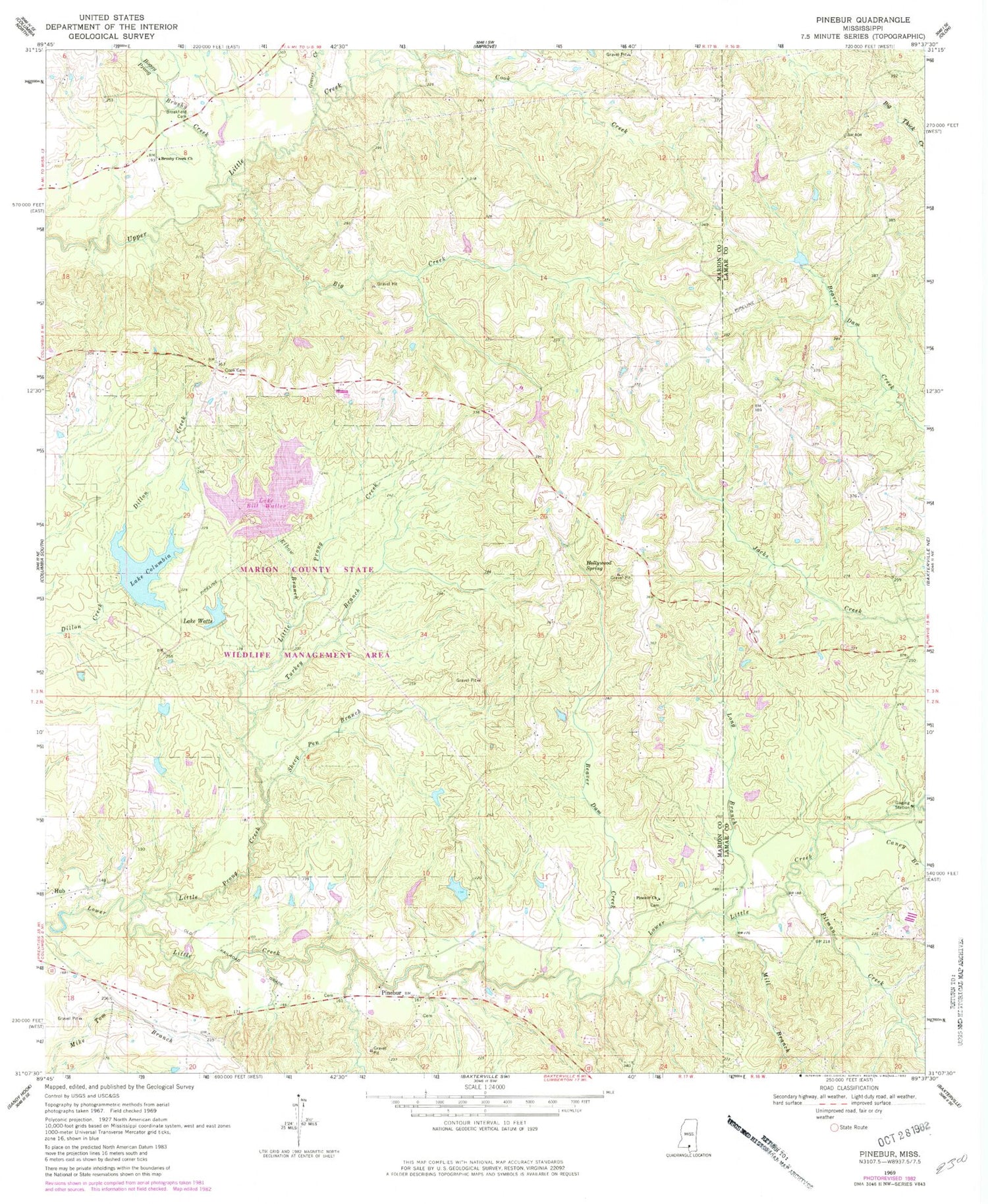 Classic USGS Pinebur Mississippi 7.5'x7.5' Topo Map Image