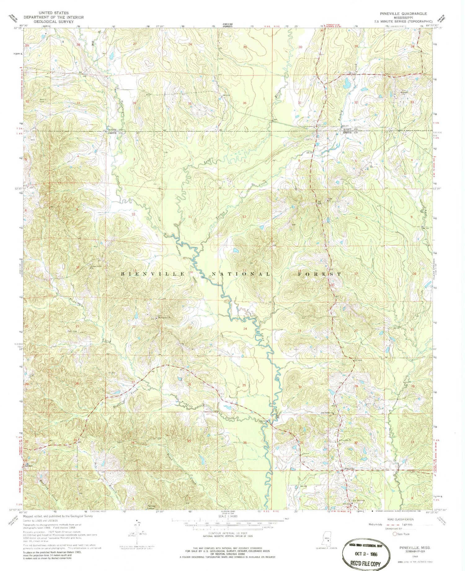 Classic USGS Pineville Mississippi 7.5'x7.5' Topo Map Image