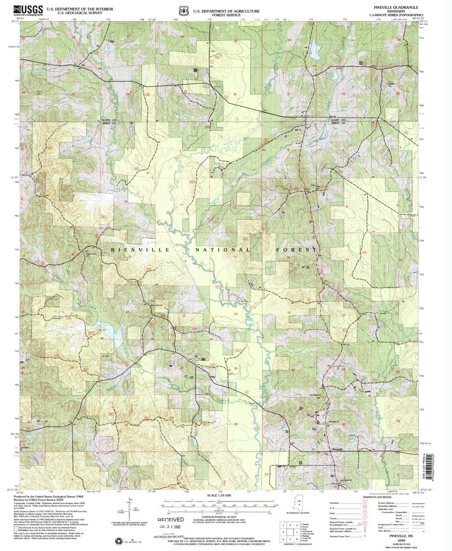 Classic USGS Pineville Mississippi 7.5'x7.5' Topo Map Image