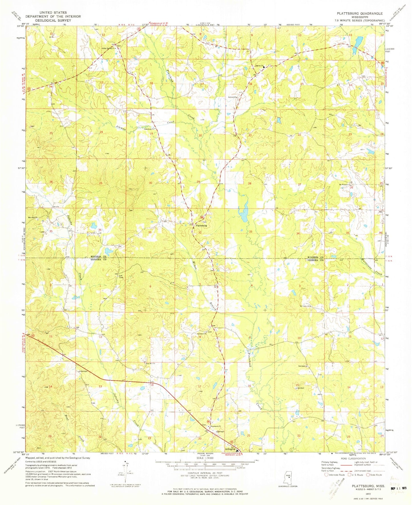 Classic USGS Plattsburg Mississippi 7.5'x7.5' Topo Map Image