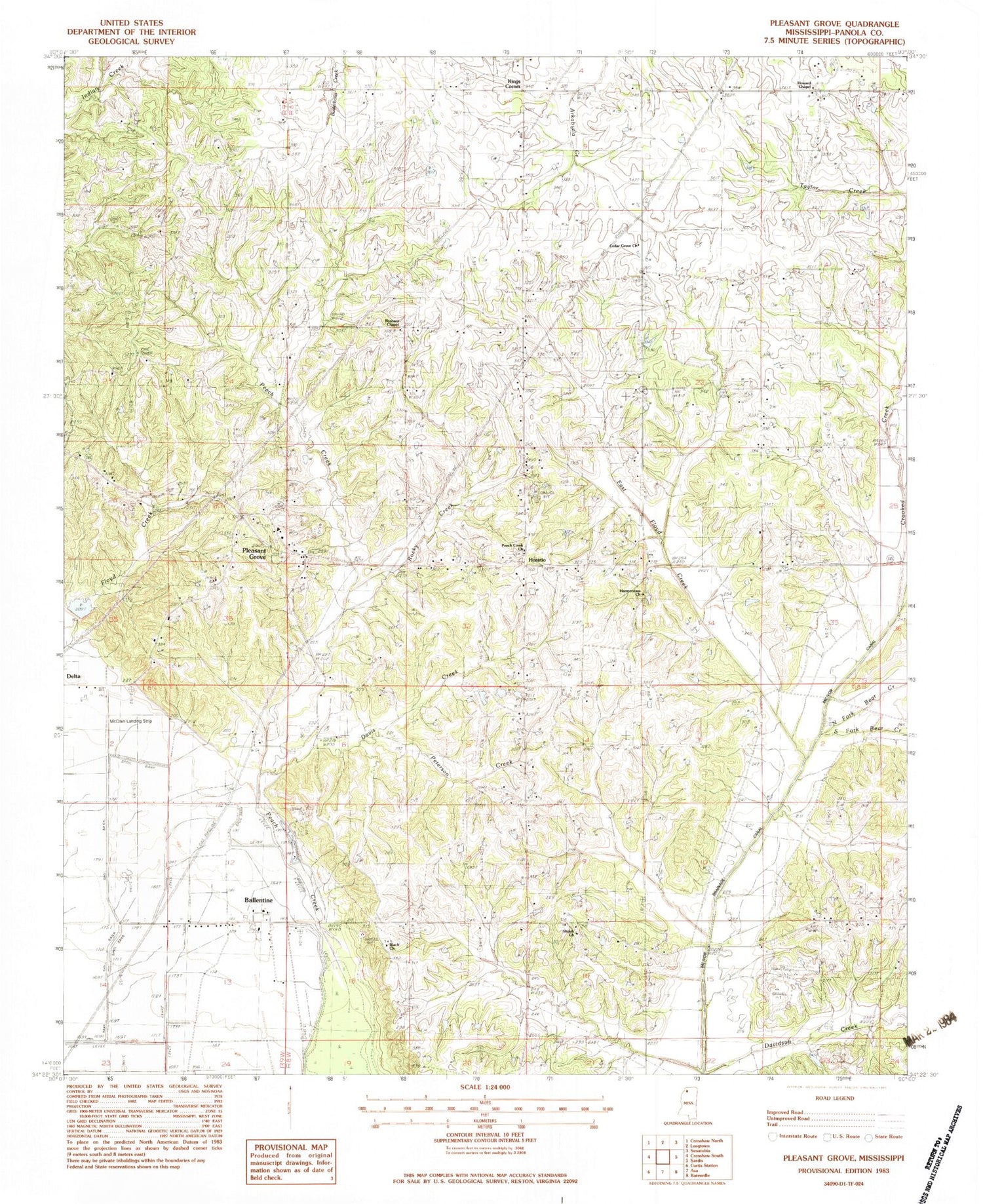 Classic USGS Pleasant Grove Mississippi 7.5'x7.5' Topo Map Image