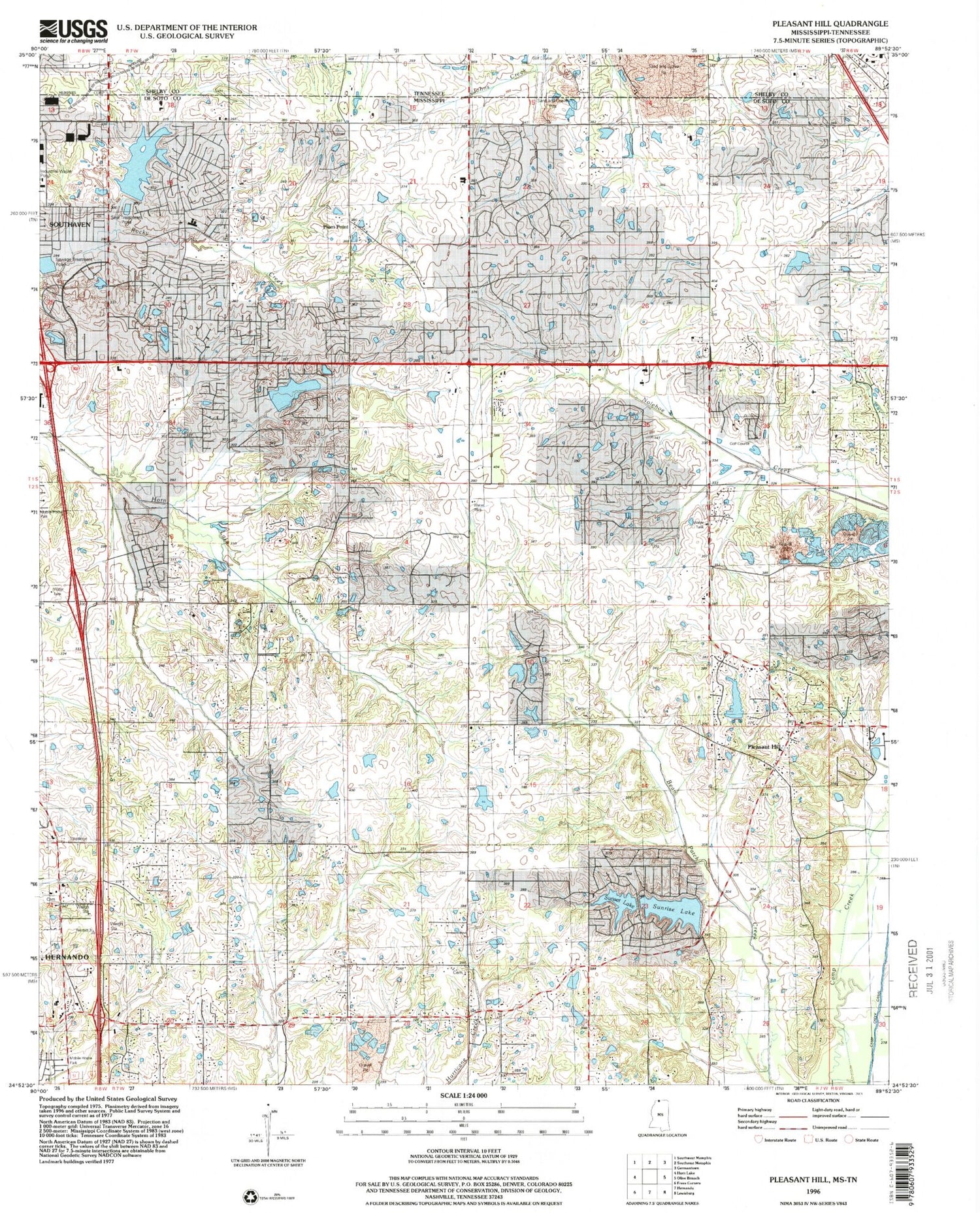 Classic USGS Pleasant Hill Mississippi 7.5'x7.5' Topo Map Image
