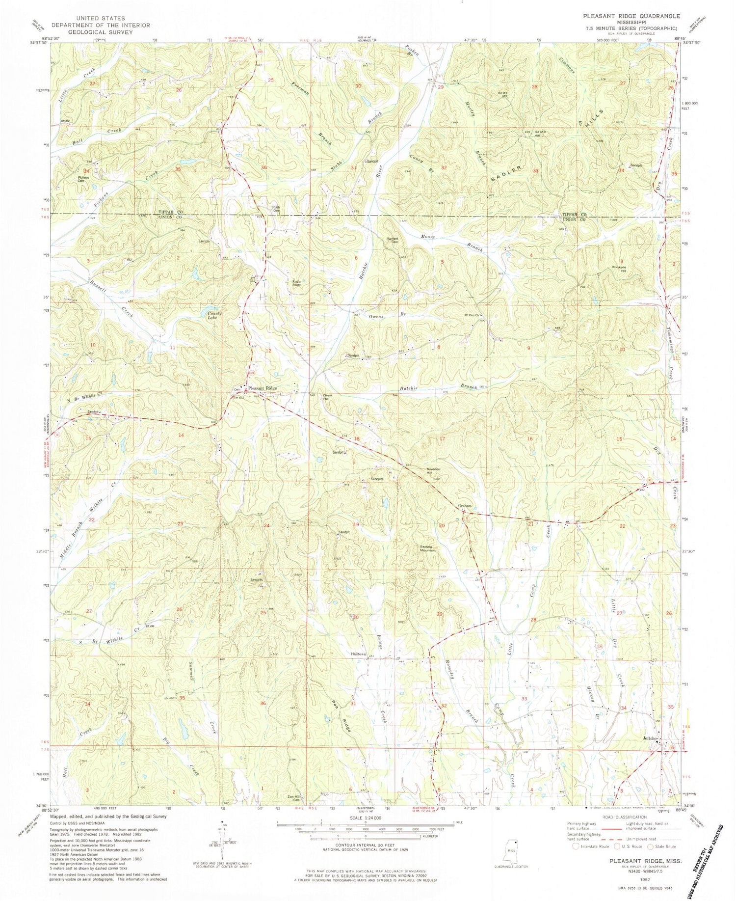 Classic USGS Pleasant Ridge Mississippi 7.5'x7.5' Topo Map Image