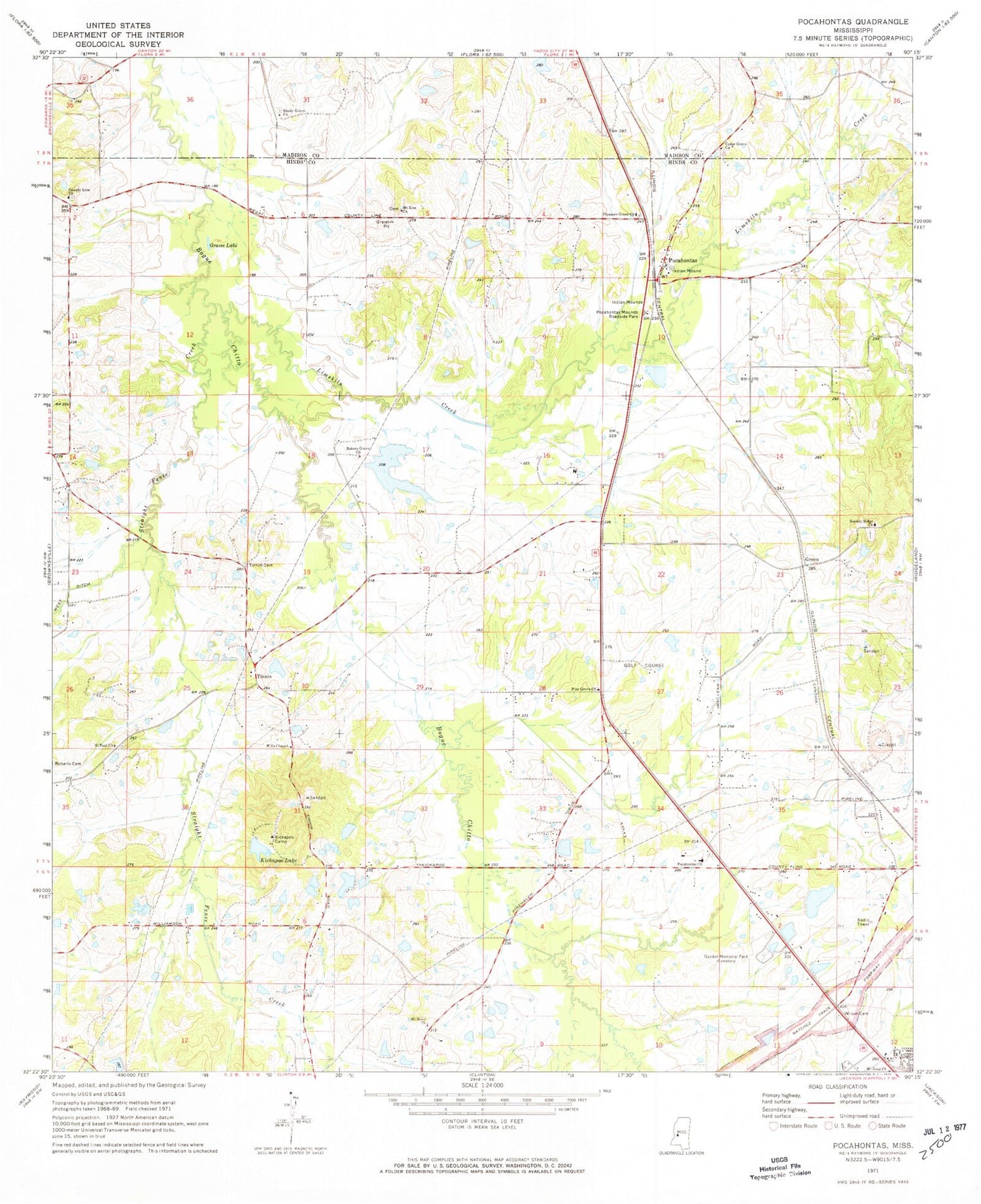 Classic USGS Pocahontas Mississippi 7.5'x7.5' Topo Map Image