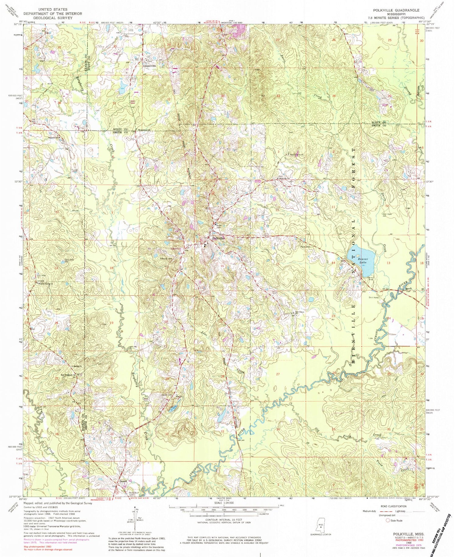 Classic USGS Polkville Mississippi 7.5'x7.5' Topo Map Image