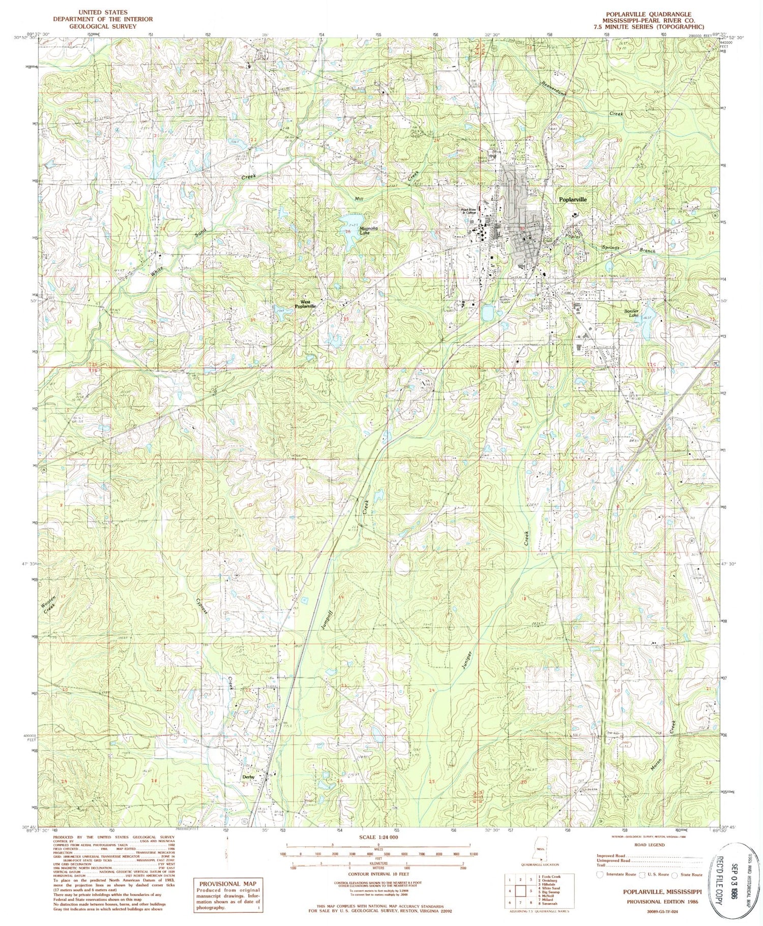Classic USGS Poplarville Mississippi 7.5'x7.5' Topo Map Image