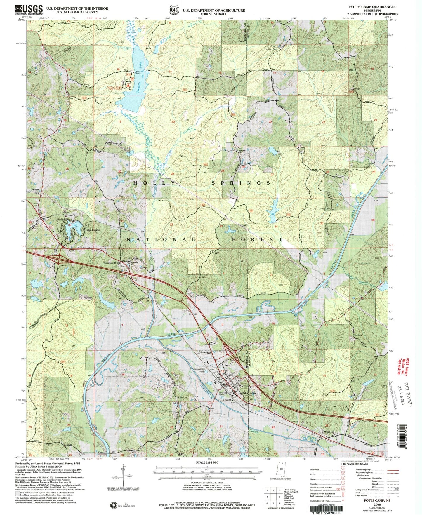Classic USGS Potts Camp Mississippi 7.5'x7.5' Topo Map Image