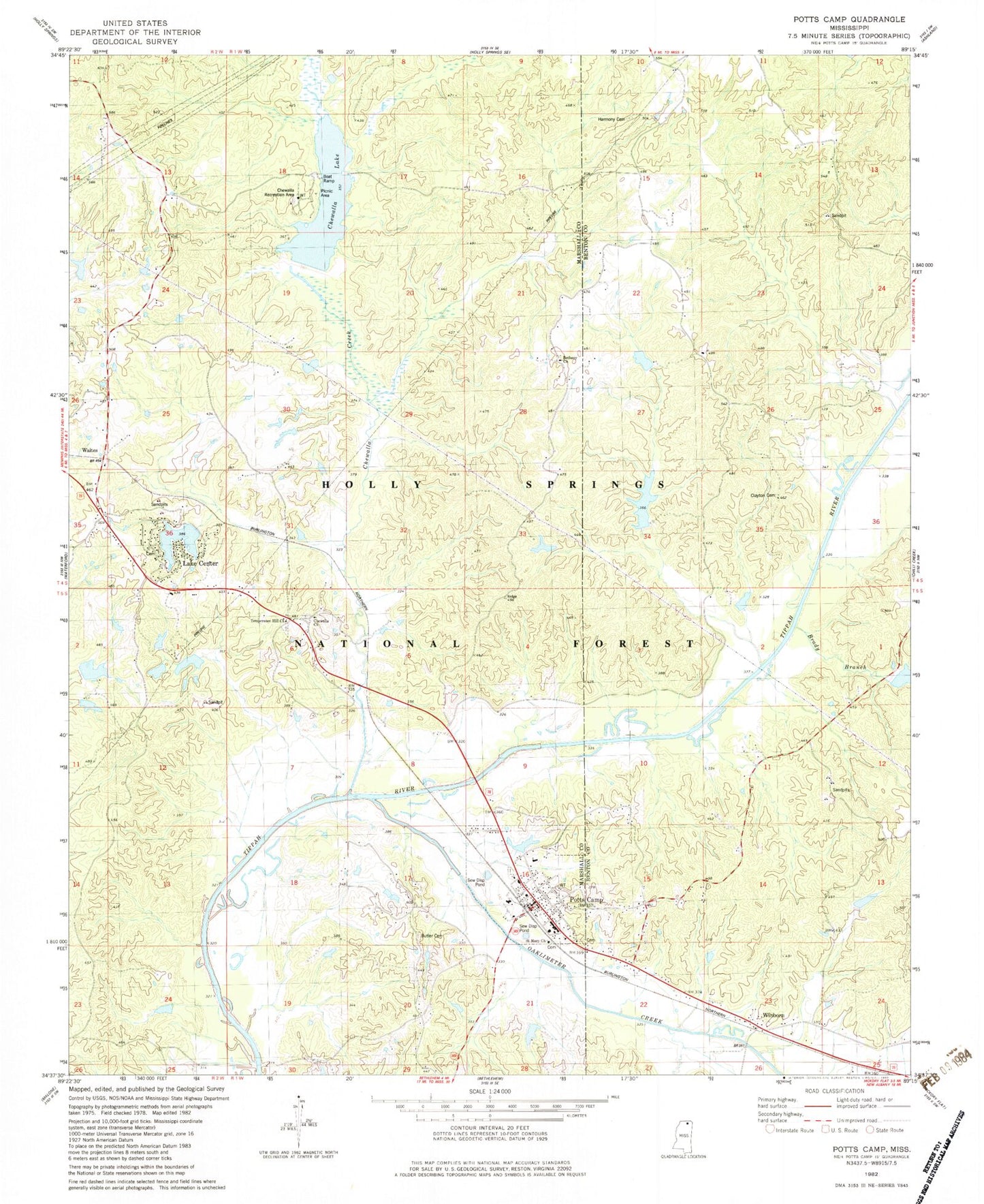 Classic USGS Potts Camp Mississippi 7.5'x7.5' Topo Map Image
