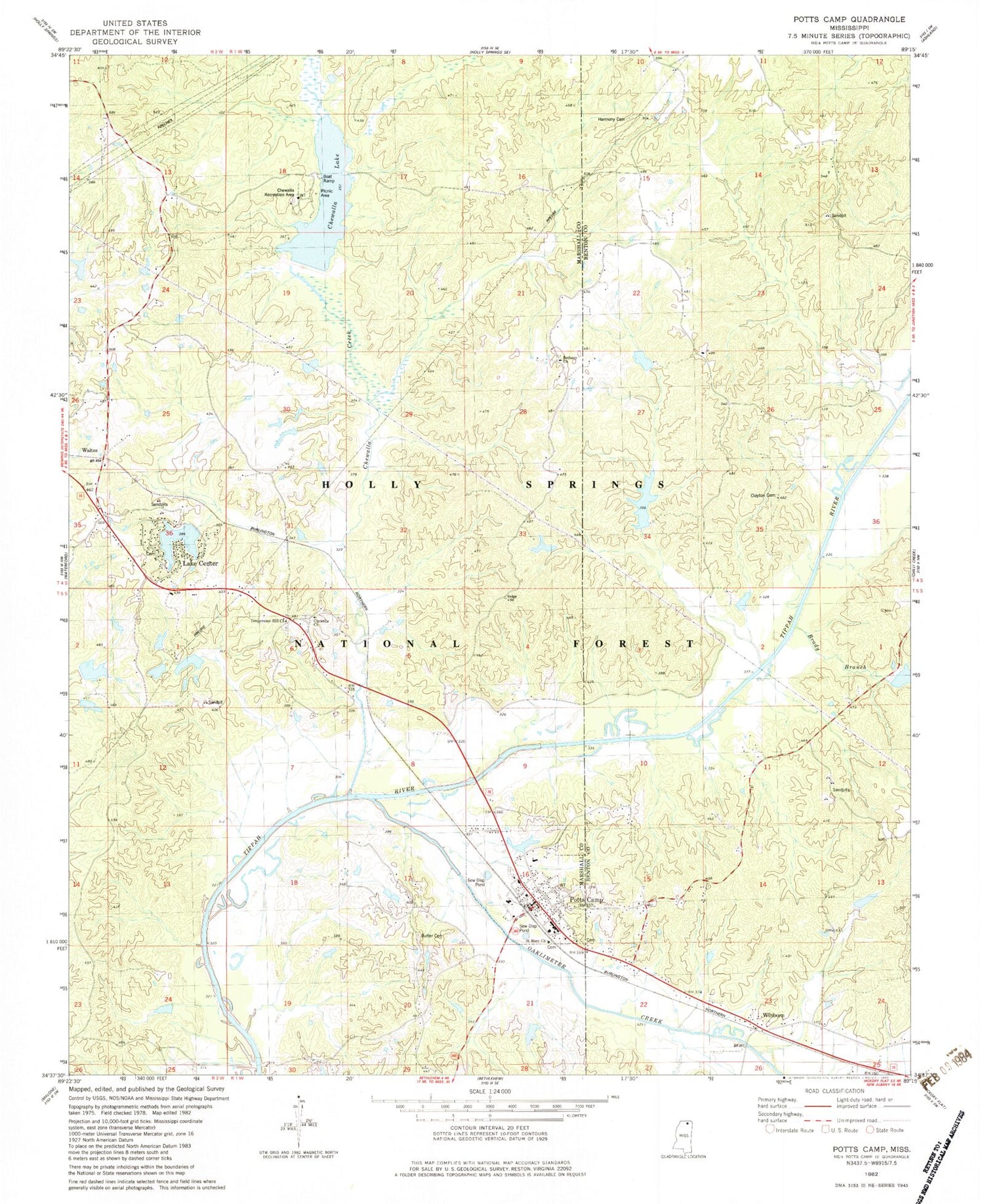 Classic USGS Potts Camp Mississippi 7.5'x7.5' Topo Map Image