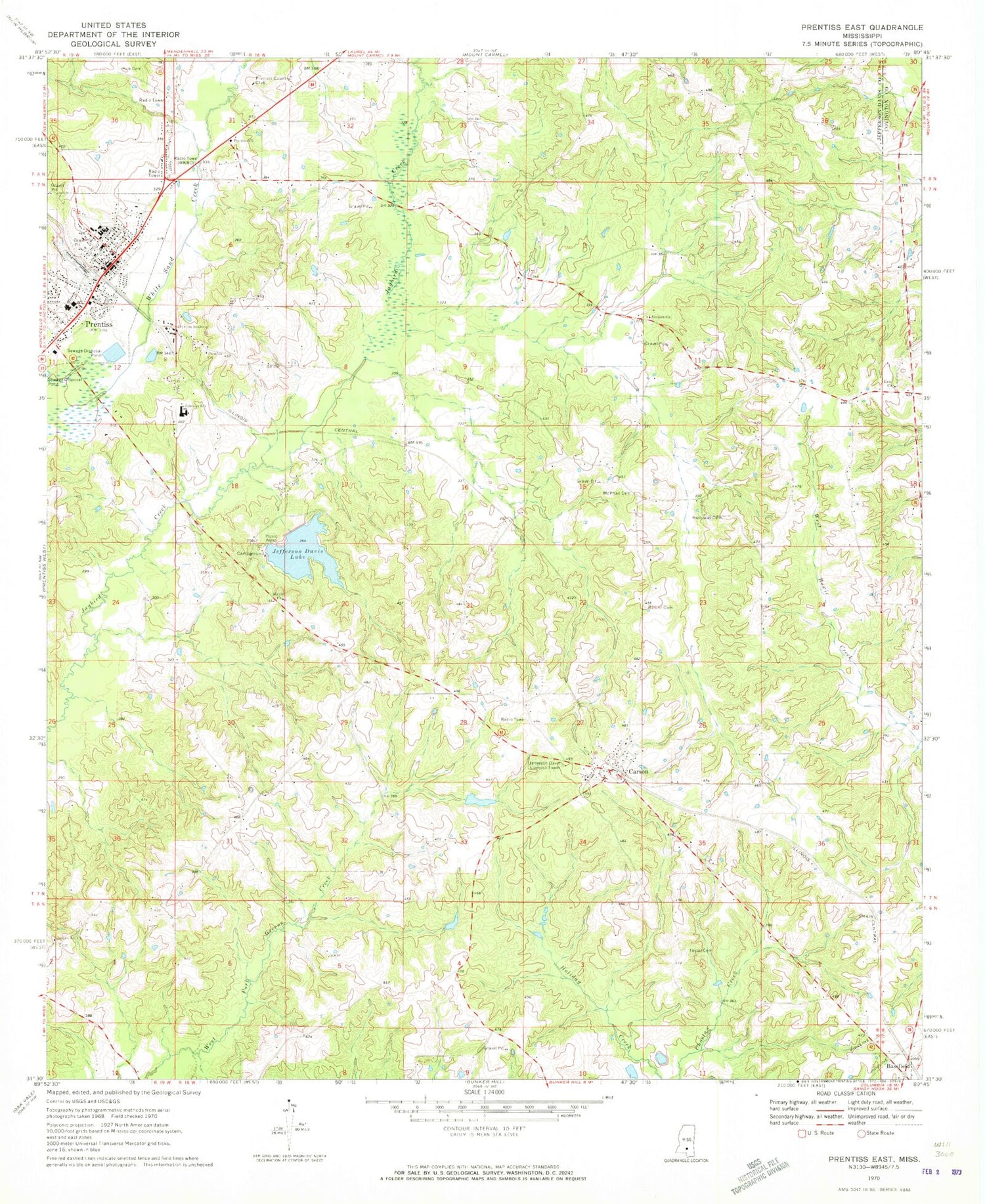 Classic USGS Prentiss East Mississippi 7.5'x7.5' Topo Map Image