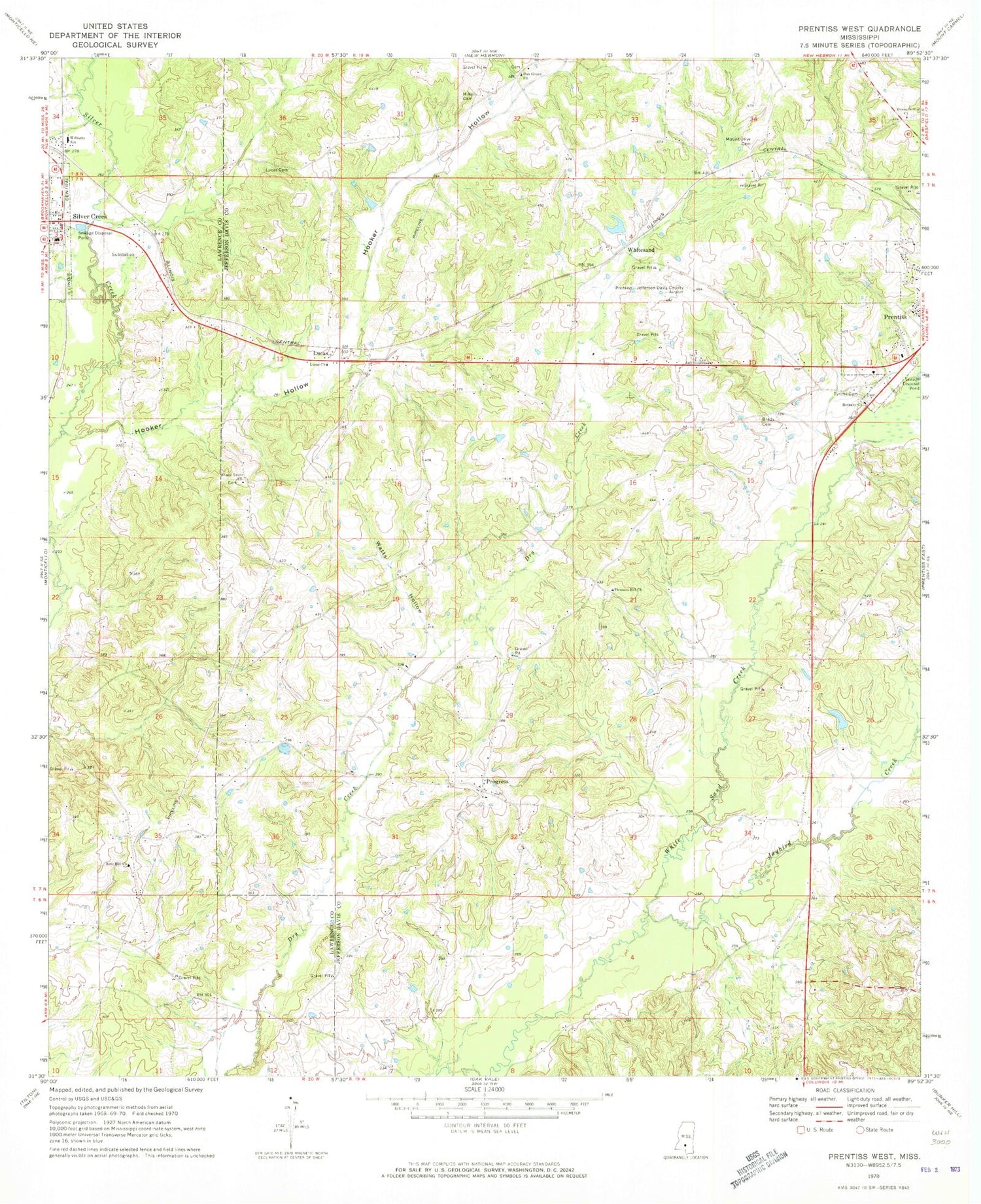 Classic USGS Prentiss West Mississippi 7.5'x7.5' Topo Map Image