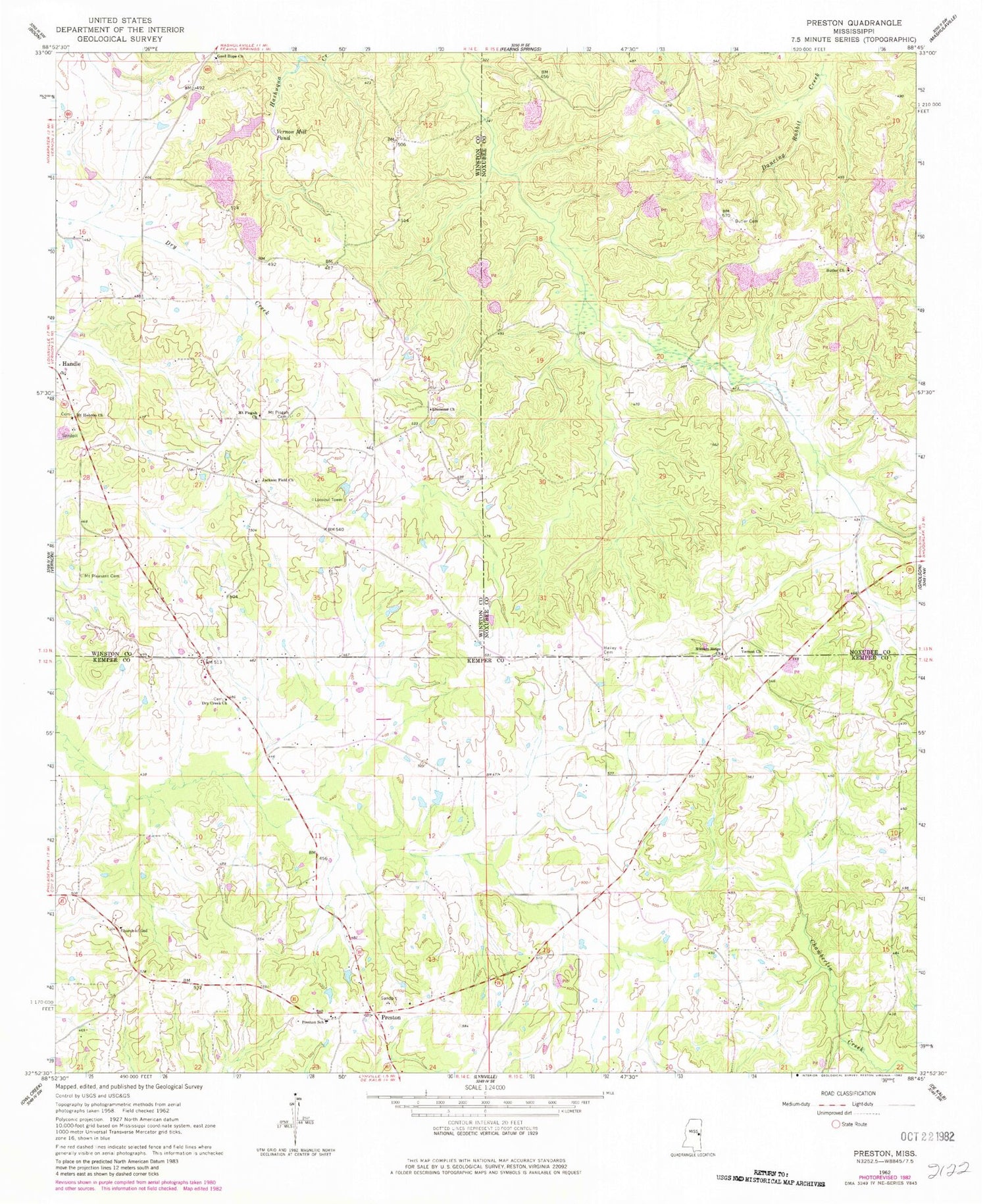 Classic USGS Preston Mississippi 7.5'x7.5' Topo Map Image