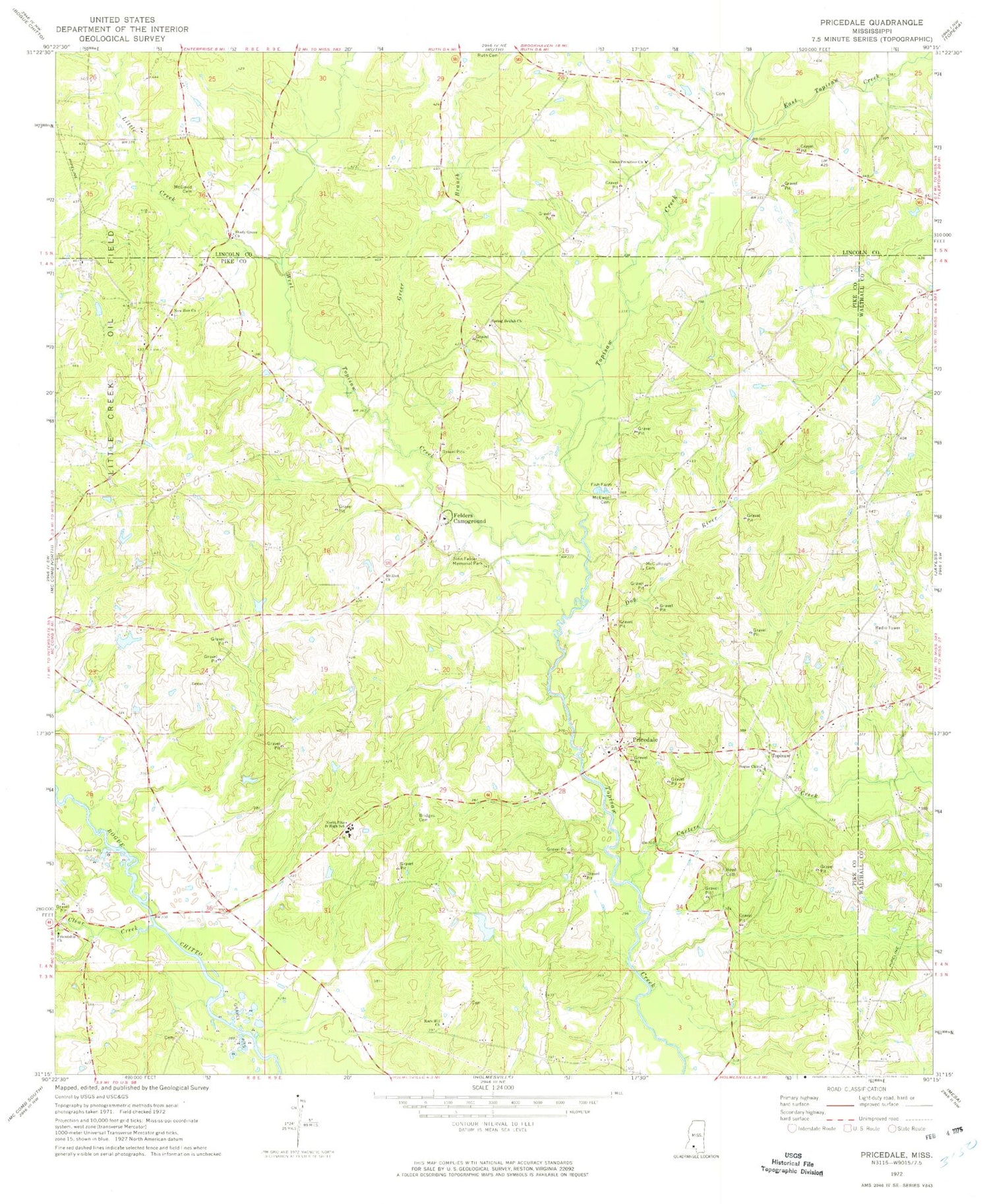 Classic USGS Pricedale Mississippi 7.5'x7.5' Topo Map Image