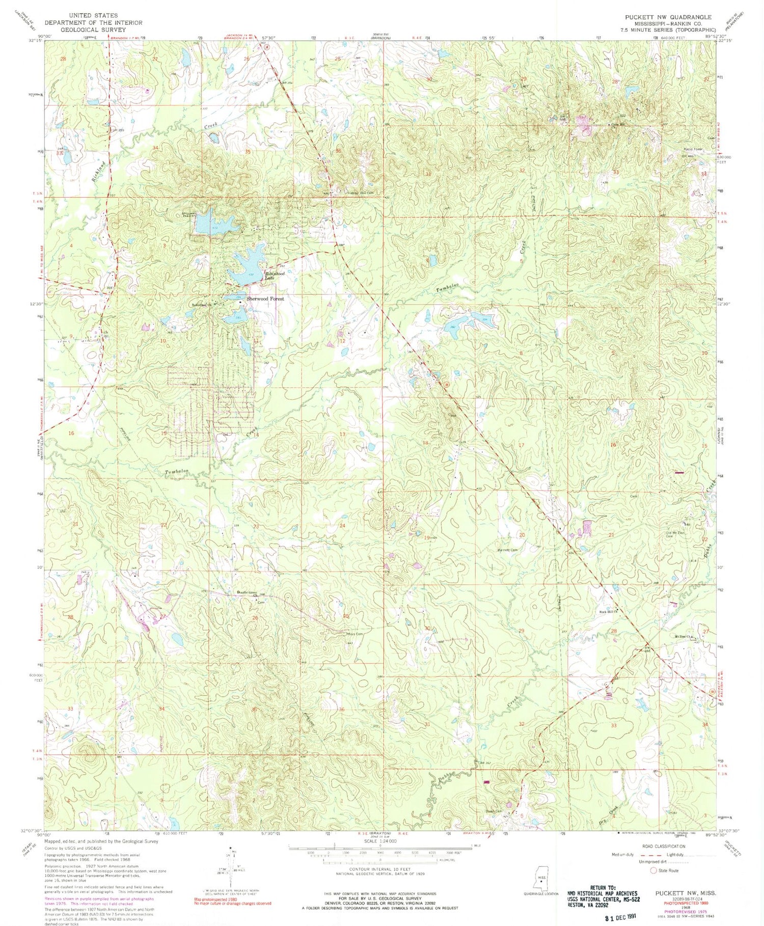Classic USGS Puckett NW Mississippi 7.5'x7.5' Topo Map Image
