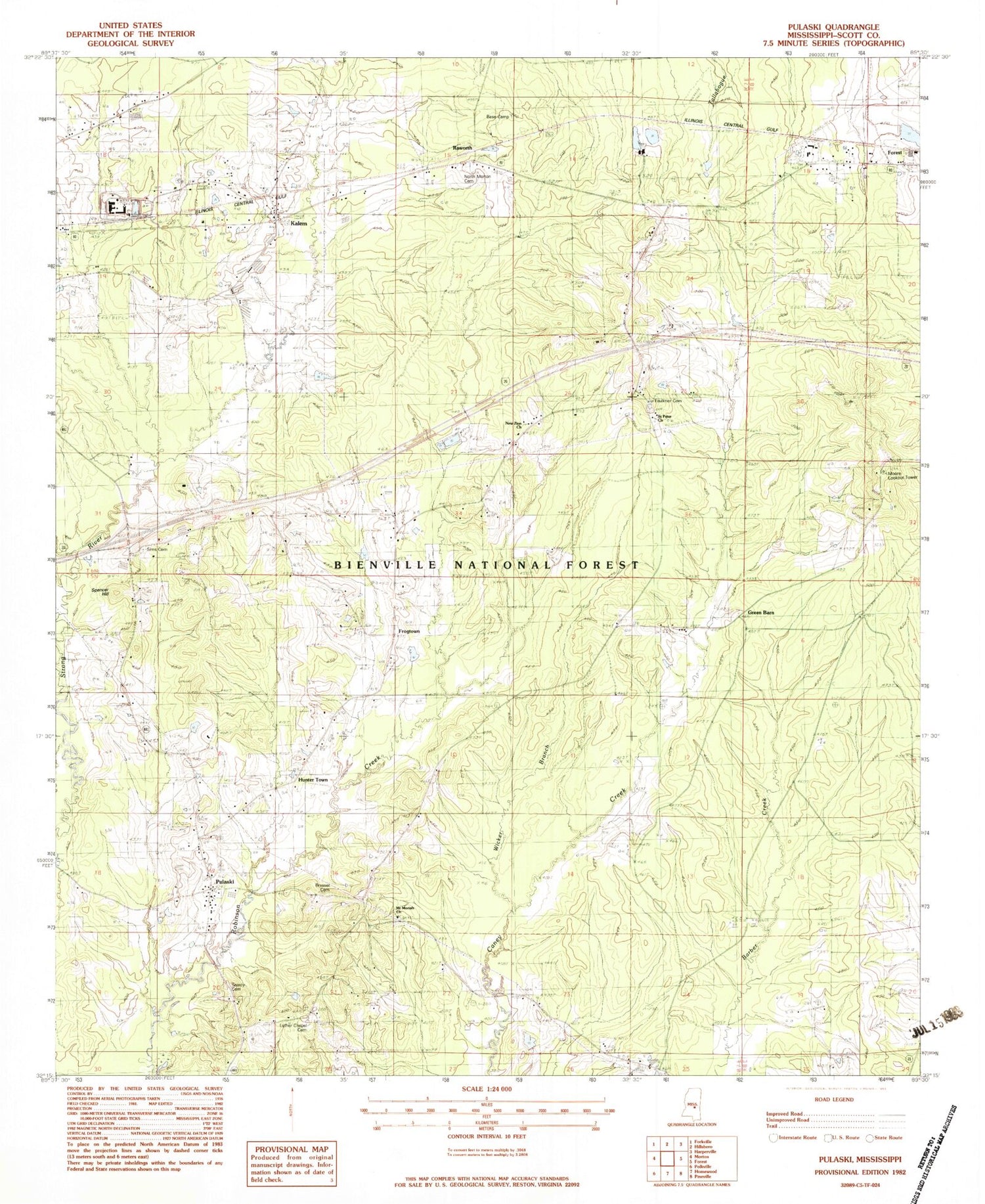 Classic USGS Pulaski Mississippi 7.5'x7.5' Topo Map Image