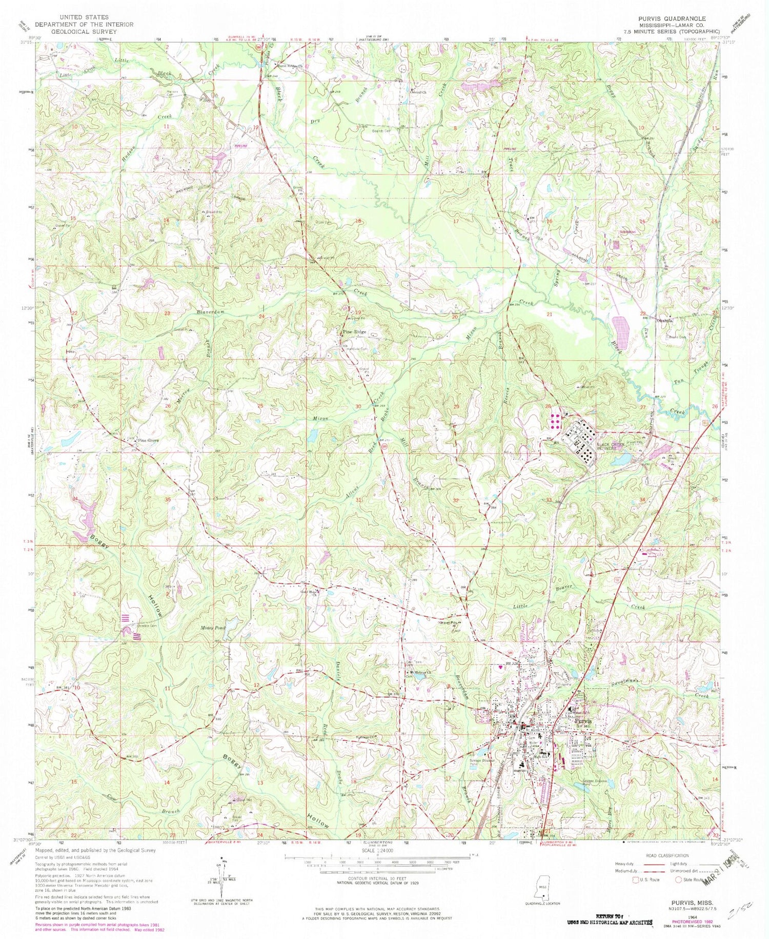 Classic USGS Purvis Mississippi 7.5'x7.5' Topo Map Image