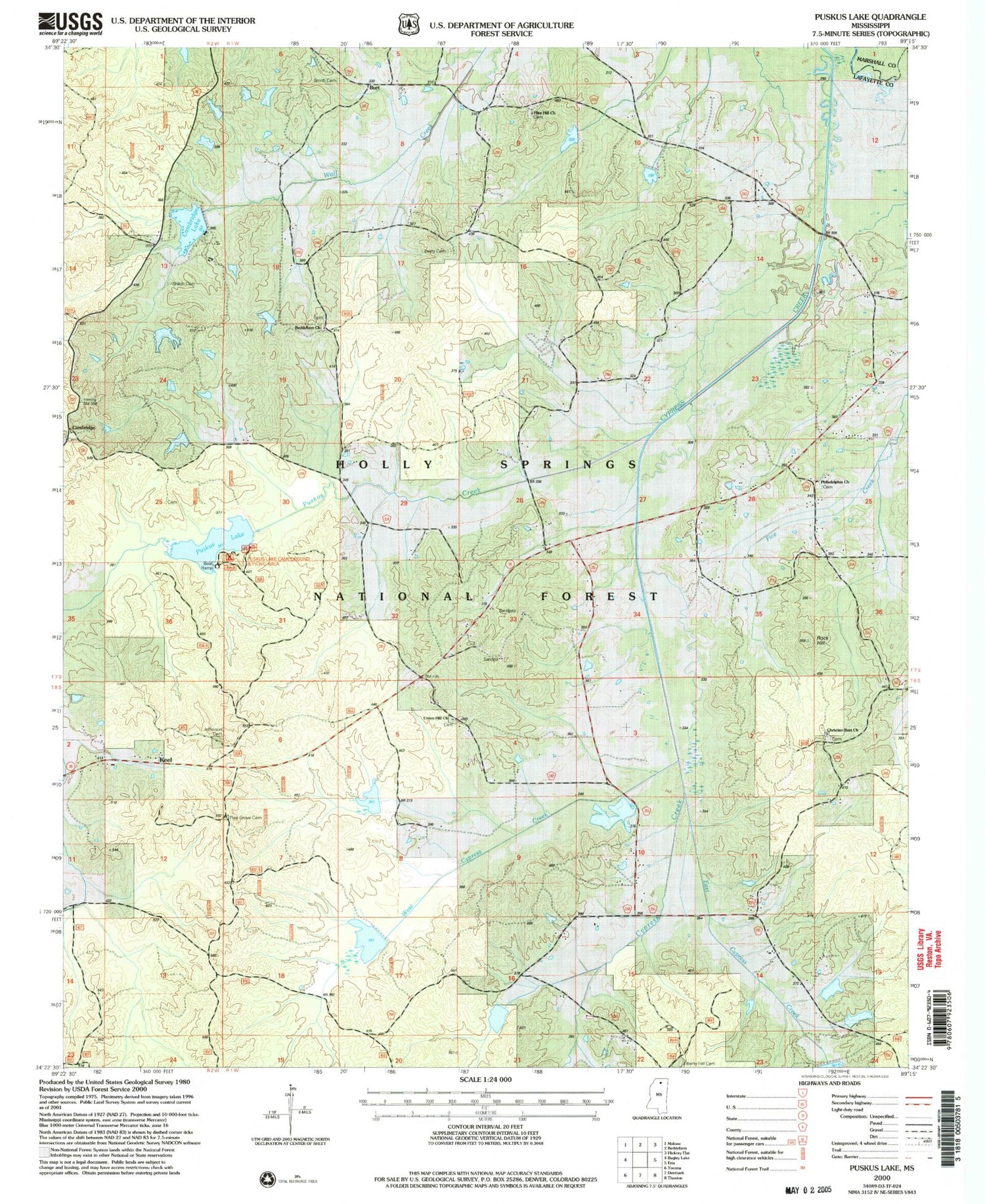 Classic USGS Puskus Lake Mississippi 7.5'x7.5' Topo Map Image