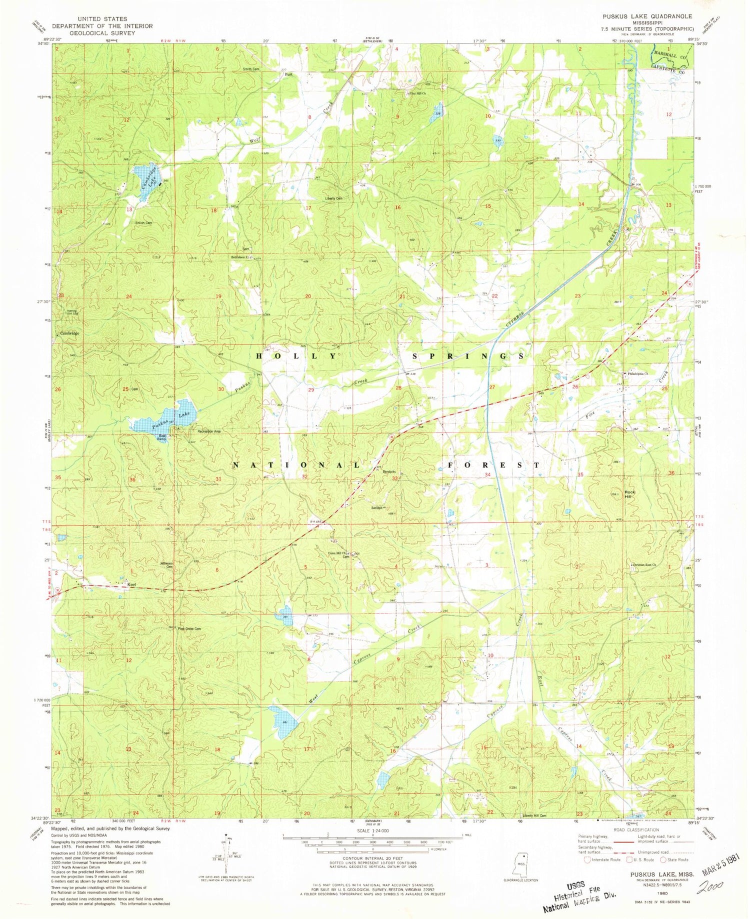 Classic USGS Puskus Lake Mississippi 7.5'x7.5' Topo Map Image