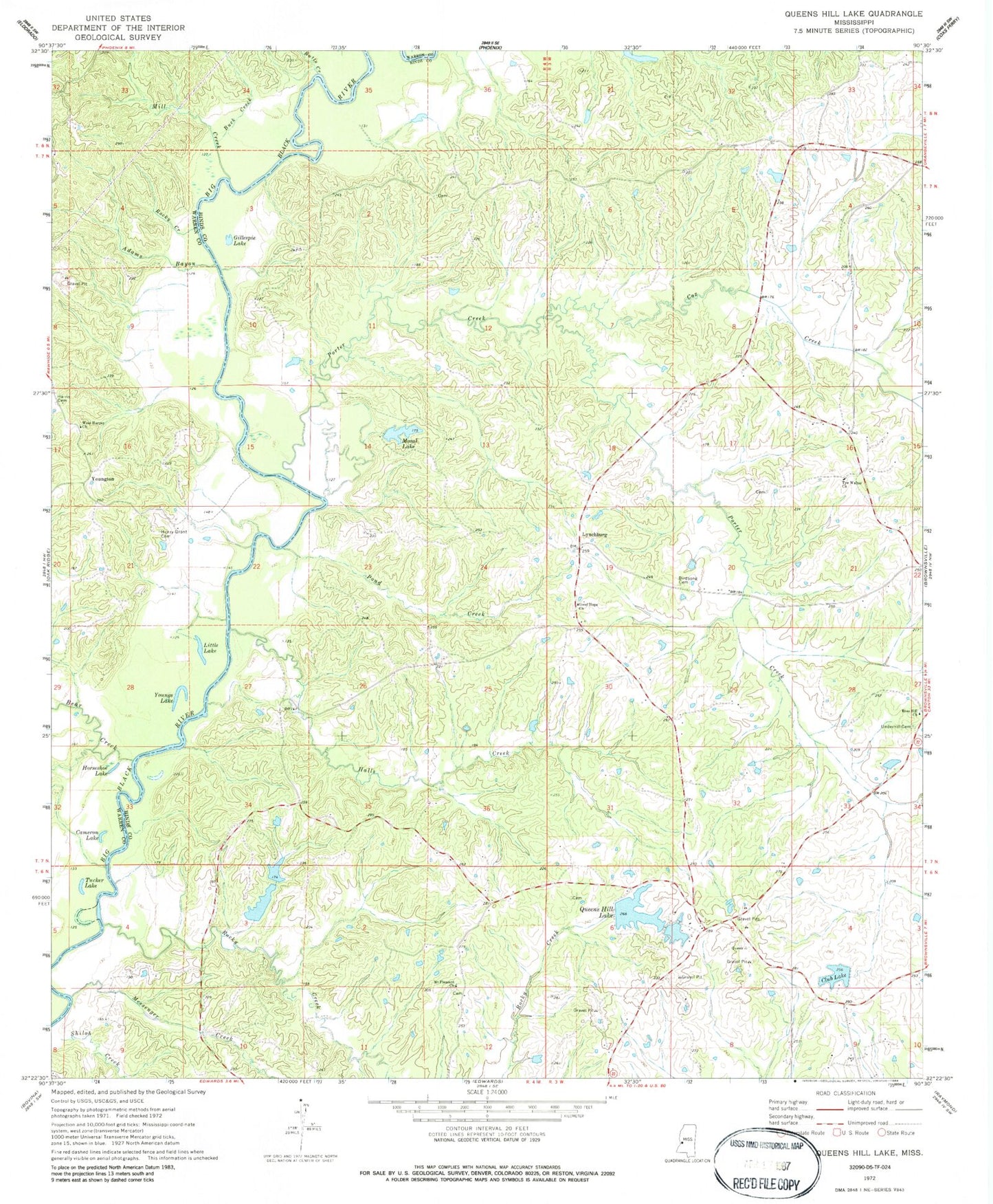 Classic USGS Queens Hill Lake Mississippi 7.5'x7.5' Topo Map Image