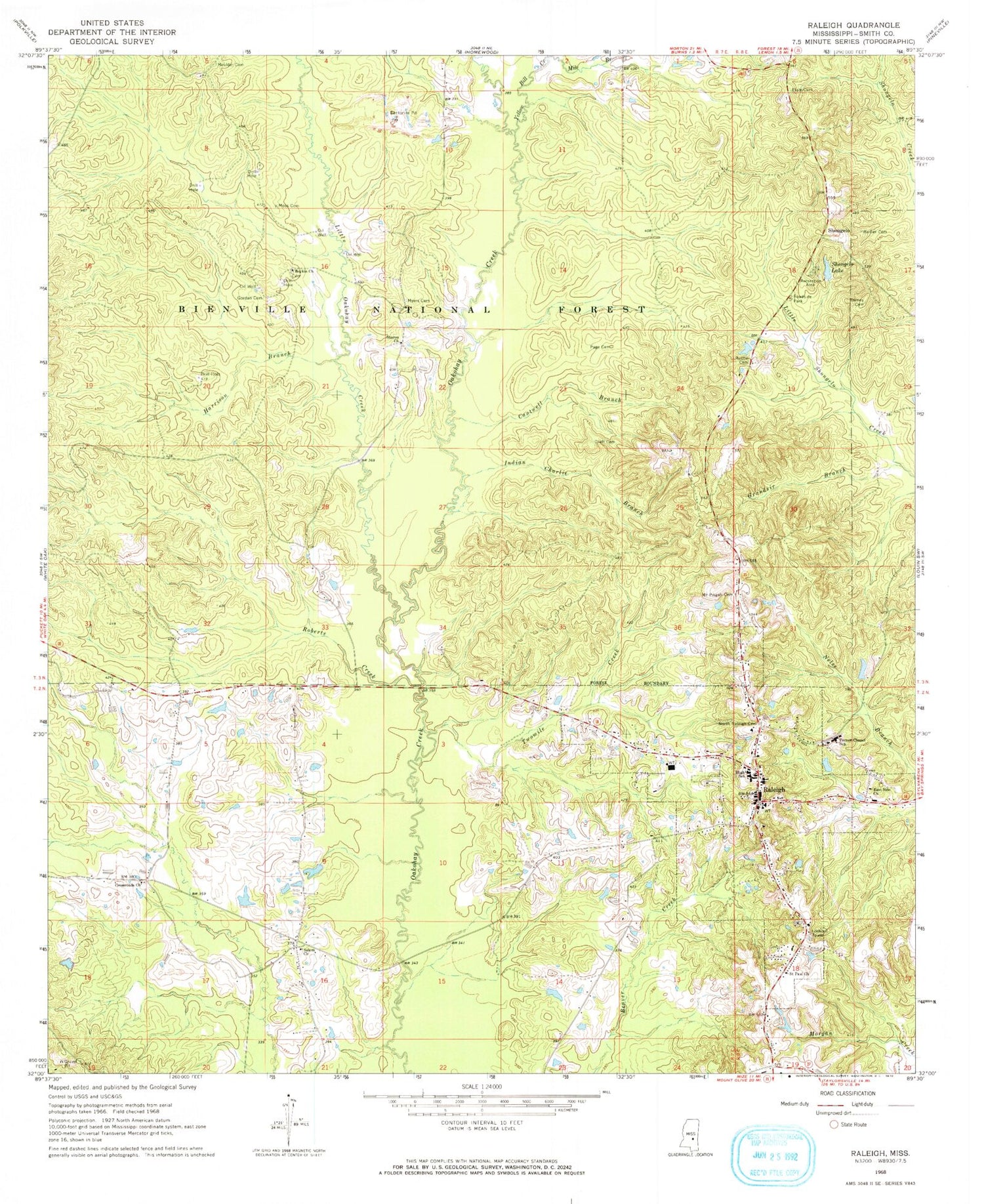 Classic USGS Raleigh Mississippi 7.5'x7.5' Topo Map Image
