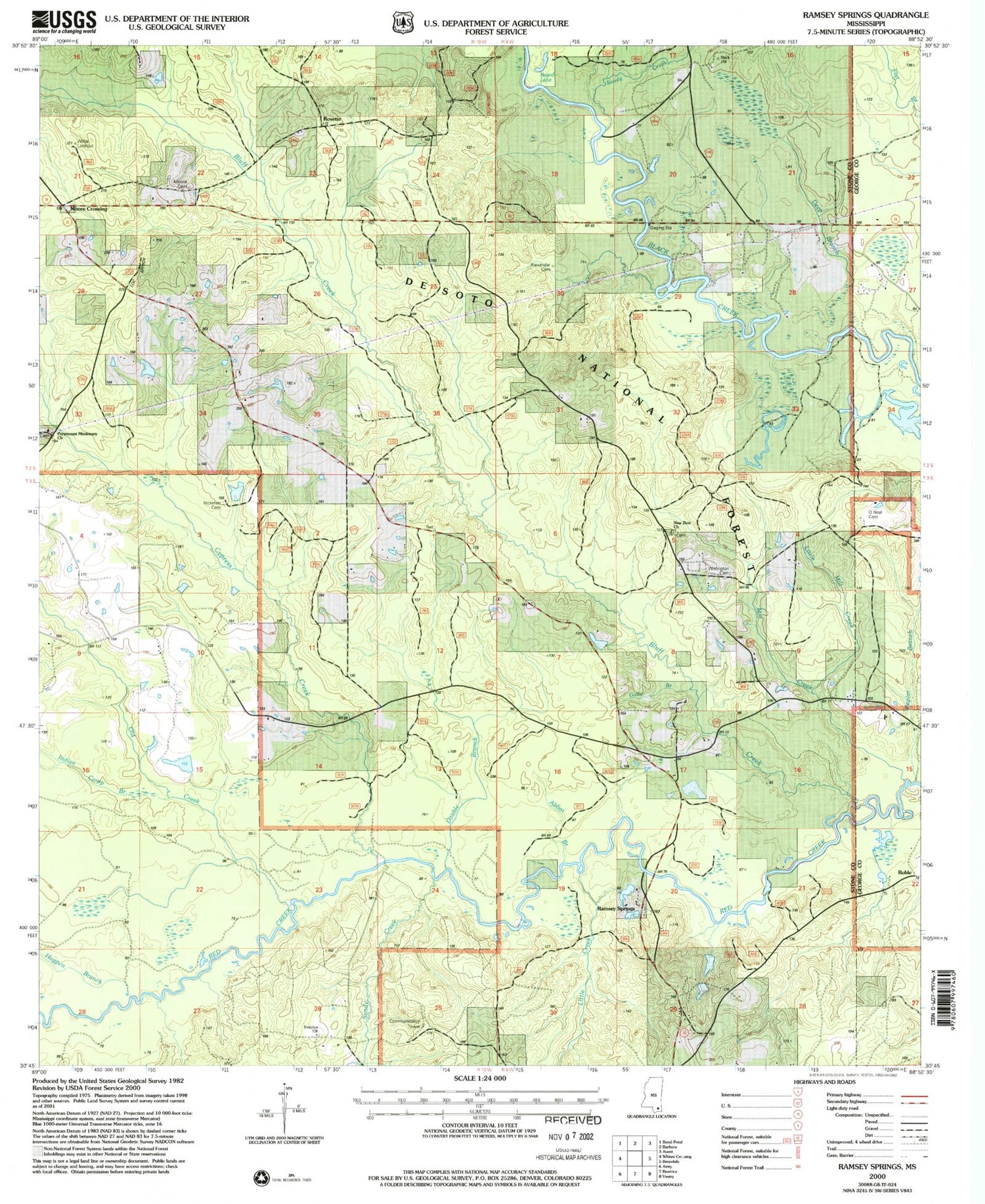 Classic USGS Ramsey Springs Mississippi 7.5'x7.5' Topo Map Image