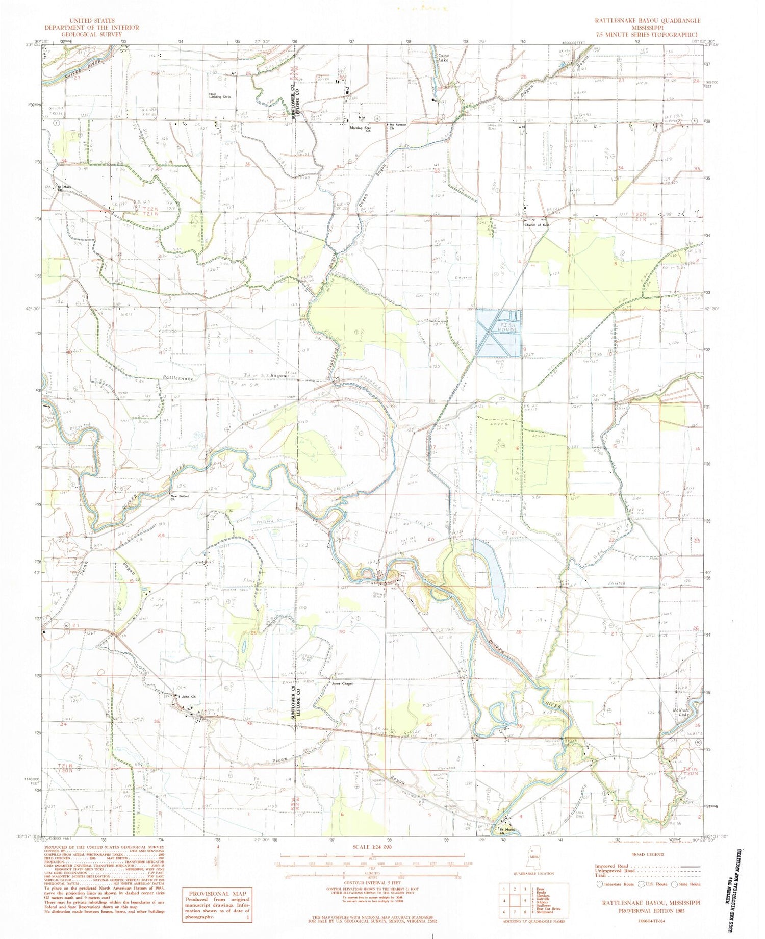 Classic USGS Rattlesnake Bayou Mississippi 7.5'x7.5' Topo Map Image